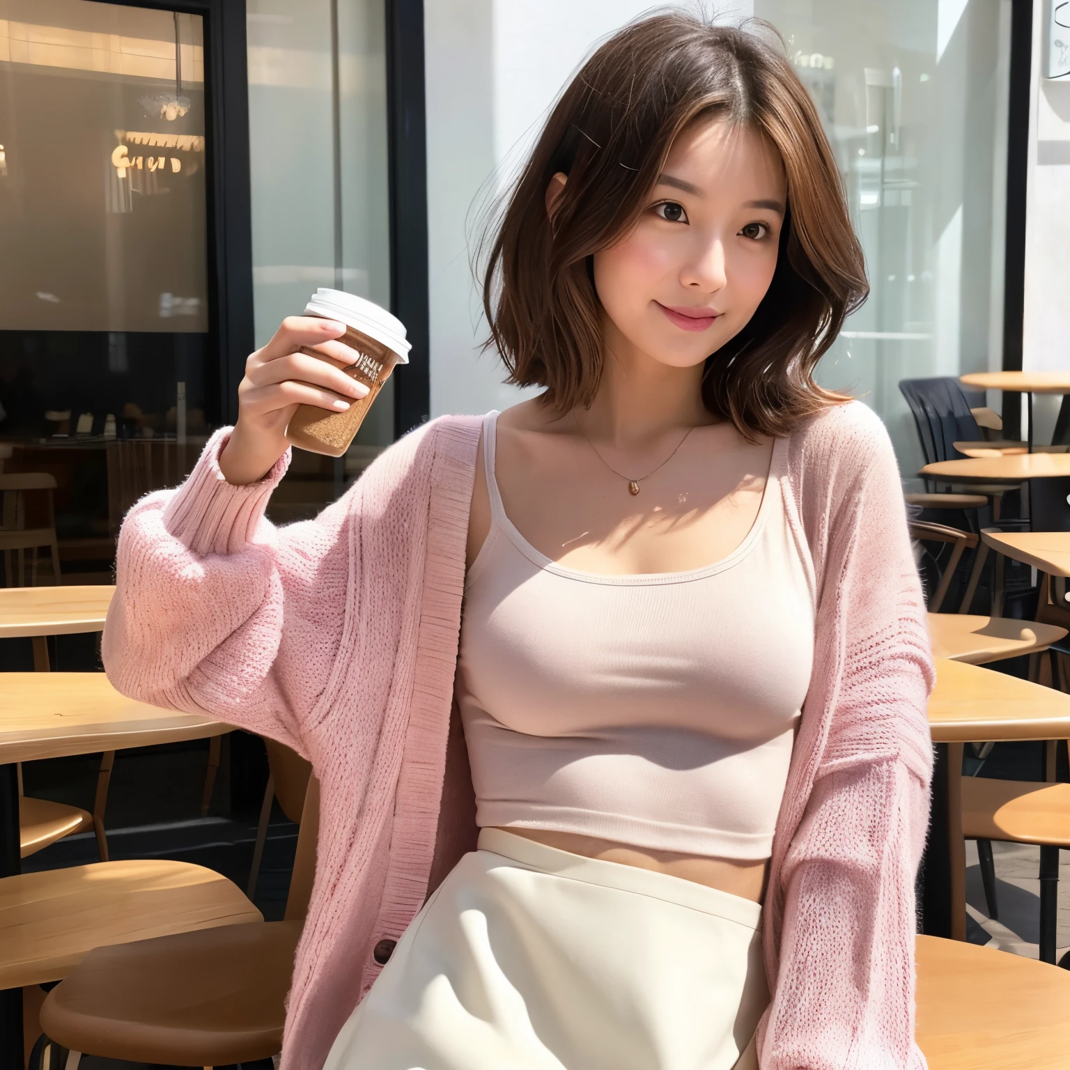 35-year-old beauty full bodyesbian real looking skin drink coffee at a cafe Brown hair Short hair Pink cardigan Plain white T-shirt(The bra is a little see-through)loose skirt