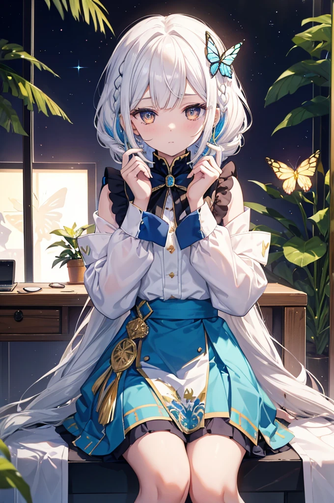 A royal sister,gold eyes,White hair,Long colorful single braids,short detailed hair,Blue skirt,(There is only one person in the picture),There is a butterfly on the palm,aethereal,Sit at your desk,squinting eyes,(sideface),(HighestQuali)