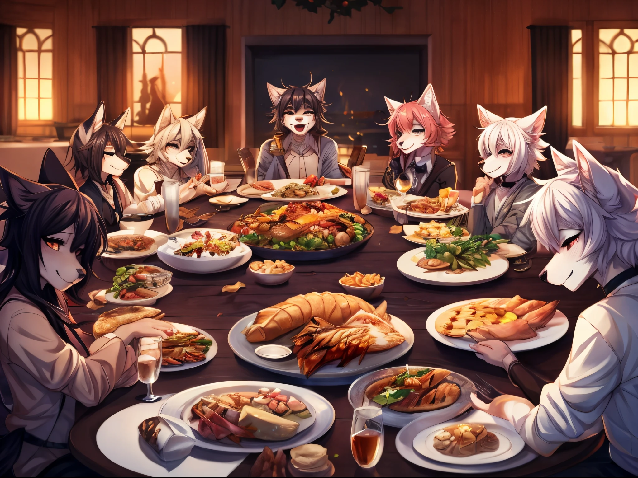 By fumiko, by claweddrip, several wolf anthro furry girls sitting at a long table, thanks giving turkey dinner, lots of food on the table, everyone is laughing and having fun, depth of field view, long view, intricately designed background, high definition,