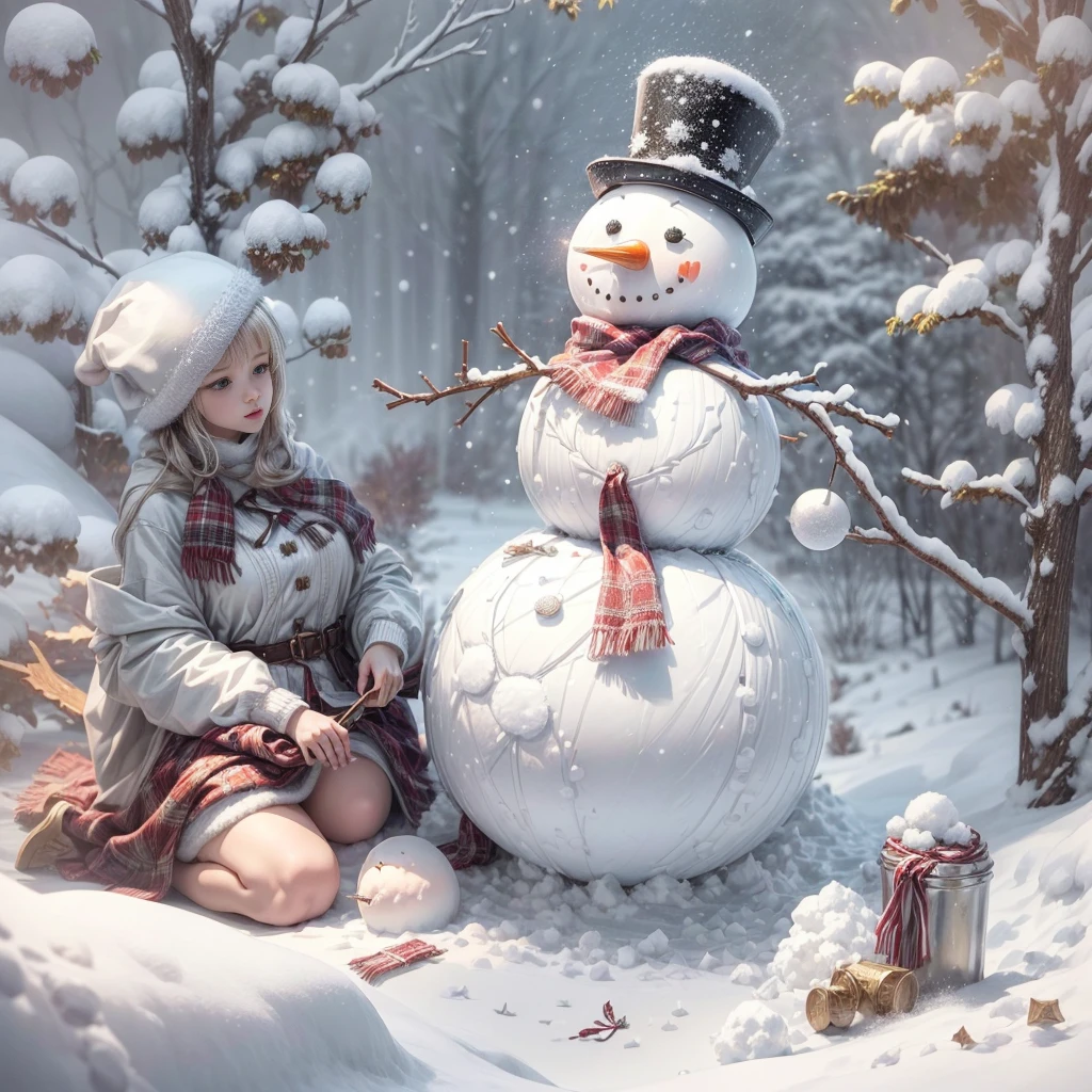 (Manuscript of a white snow scene:1.4),(symmetry:1.5),(tmasterpiece,1 girl playing,Let's make a snowman: 1.5, Middle, European Christmas elements),(Snowman in a Christmas hat: 1.3),(Great Britain – gorgeous illustration:1.2, Vector painting:1.2),(British colors,Color matching for seniors),(Reasonable design, Clear lines, High Sharp,Best Quality, Very detailed, tmasterpiece, official arts, Film Light Effect, 4k, Anatomy is correct)