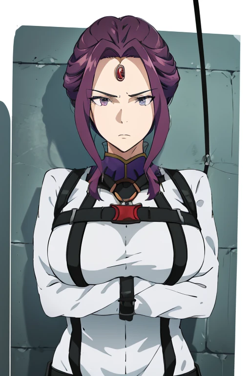 mirelia, mature woman, folded arms, fidden hands, hidden fingers, harness bondage, straps {belt}, prison cell,