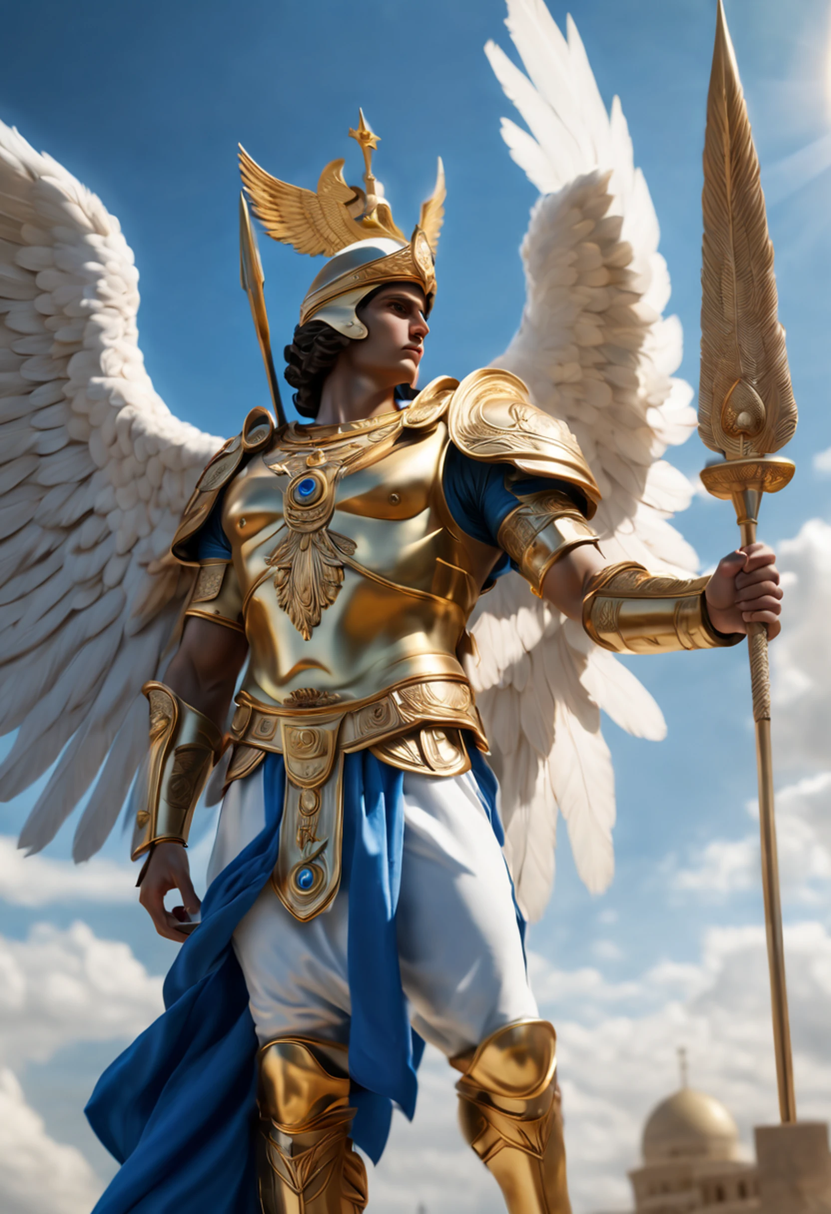 (best quality,4k,8k,highres,masterpiece:1.2),ultra-detailed,(realistic,photorealistic,photo-realistic:1.37),powerful archangel holding the flag of Israel in his hand,strong and mighty,angelic wings,Ancient Egyptian-inspired golden armor and helmet,golden halo,glowing sword,divine sunlight illuminating the scene,subtle lens flare,dramatic clouds in the background,heroes' epic battle in progress,warrior spirits soaring in the sky,sacred serenity,heavenly divine protection,proud and majestic pose,colorful flags waving in the wind,blue sky with fluffy white clouds,flickering flames from distant torches,shimmering gold accents,imposing presence,deep sense of honor and justice,exquisite attention to facial expressions and details, ethereal aura surrounding the archangel,celestial beauty,harmony of colors,celebration of strength and determination,Ancient Middle Eastern influences,legendary hero,mythical symbolism,artistic homage to the nation of Israel,emblem of freedom and resilience,ultimate defender of the chosen people.