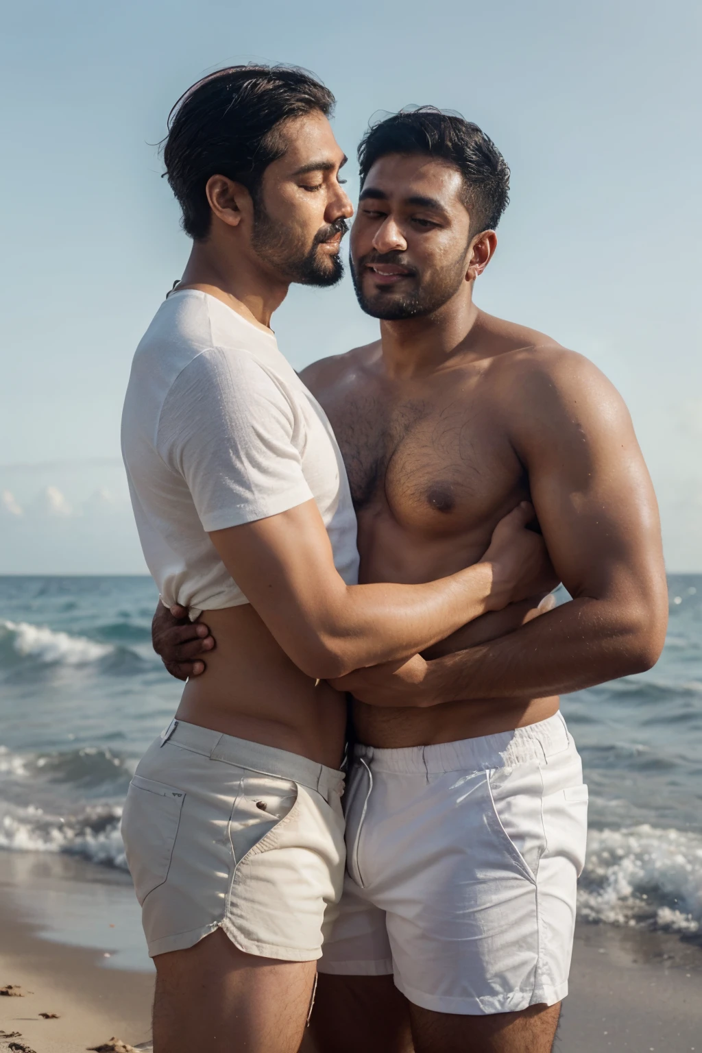 Many couples come to White Party Sea Art ai use Prompt: A Korean white-skin man is hugging an Indian dark-skin hairy man. They are old, obese, grey hair, hairy body, facial hair. Both men are shirtless, wearing white shorts, standing behind the ocean. Realistic photo, High level of clear picture See the face clearly, see the eyes