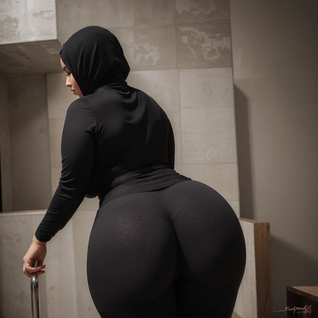 best quality,highres,ultra-detailed,realistic:1.37),curvaceous,mature,voluptuous,curvy, sultry, seductive, alluring, big sexy fat ass hijabi woman mature, thick ass, thick thighs, rear, black g string