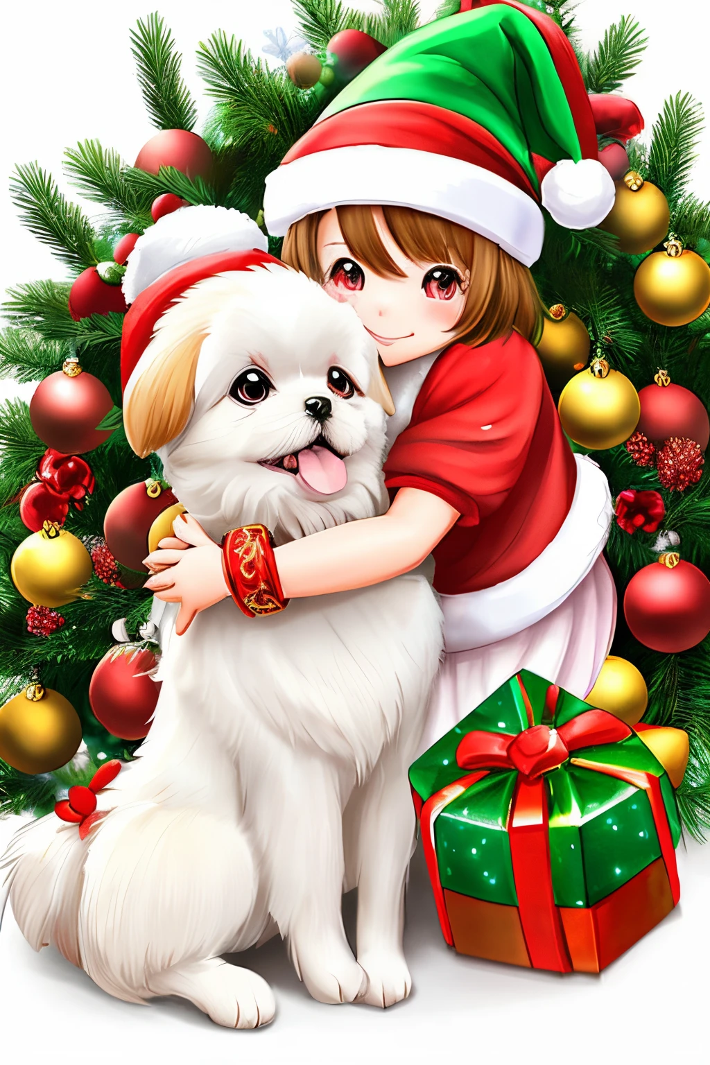 3D vector art、Colorful cute white pekingese dog、dog is wearing a christmas hat、dog has a bell&#39;Collar、 cute christmas present, dog is fluffy、Ultra-realistic high quality,  Cute and quirky, Fantasy Art, Watercolor effect、little girl hugging a dog