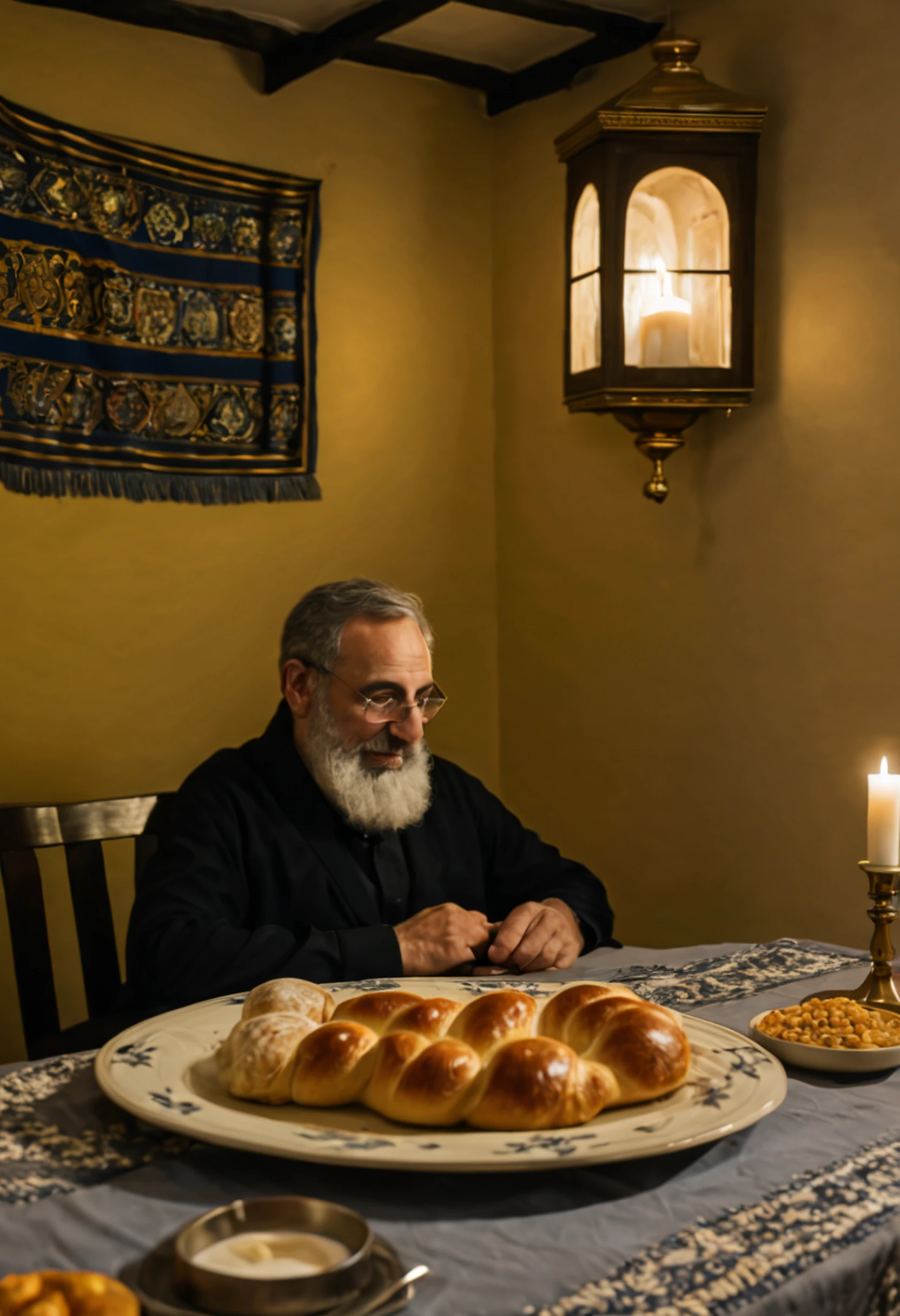Jewish man sitting A warm and inviting setting, com mesa posta para o jantar de Shabat. The challah, freshly baked and golden, fica no centro, ladeada por duas velas bruxuleantes. Ao fundo, a bandeira de Israel pende orgulhosamente, while the Torah rests on the windowsill, catching the last rays of the sun, homem judeu sentado