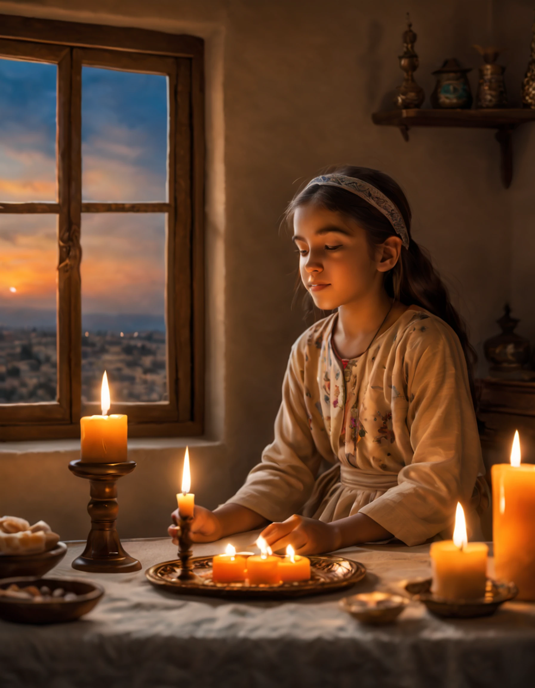 A girl sits in a cozy room filled with warm light. The room is adorned with traditional Jewish elements. She is captivated by the glow of the two lit candles on her challah-adorned table. The flickering flames cast a soft, comforting light on the room. Shalom is written in elegant calligraphy on the wall, reminding her of peace and harmony. Through the window, she sees the bright colors of the Israel flag fluttering in the wind. On the windowsill, there is a beautifully adorned Tora scroll, symbolizing the wisdom and teachings of Judaism. As she glances to the side, she notices a kandelabro with seven lit candles, representing the seven days of creation. The room is filled with a sense of spirituality and reverence. The artwork captures the scene with the best quality, ensuring every detail is brought to life. The colors are vivid, creating an atmosphere that reflects the warmth and joy of being in the presence of tradition and faith. The lighting highlights the delicate features of the girl's face, casting soft shadows that enhance the overall depth and realism of the image.