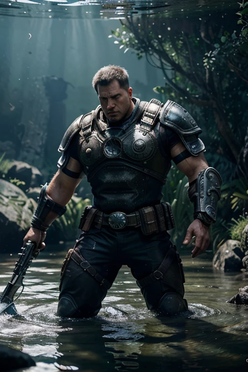 Produce a high-resolution digital image that depicts Gears of War character Marcus in a crystal-clear water environment. Marcus deve ser retratado em detalhes realistas, wearing his iconic armor and holding his distinctive weapon, a Lancer. The scenery should consist of clear, crystal clear waters, com luz solar filtrando-se suavemente, creating a serene and at the same time dynamic environment. The water must reflect the nuances of bluish and greenish tones, while highlighting the protagonist vividly. Use light and shadow effects to accentuate the details of the scene and emphasize Marcus&#39;s strong and determined presence. The image must capture the essence of the character in an environment that contrasts the serenity of the waters with the intensity of the Gears of War universe..