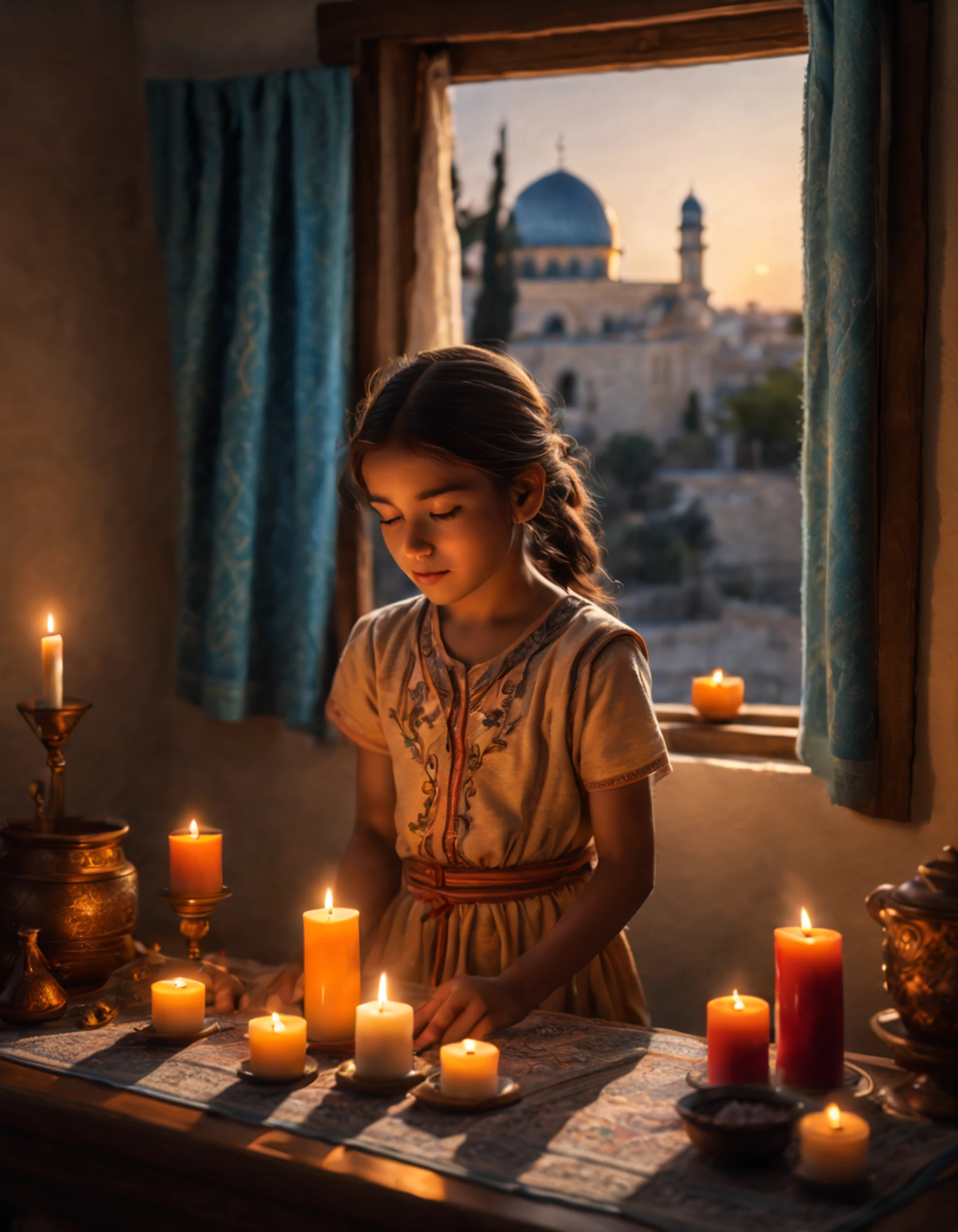 A girl sits in a cozy room filled with warm light. The room is adorned with traditional Jewish elements. She is captivated by the glow of the two lit candles on her challah-adorned table. The flickering flames cast a soft, comforting light on the room. Shalom is written in elegant calligraphy on the wall, reminding her of peace and harmony. Through the window, she sees the bright colors of the Israel flag fluttering in the wind. On the windowsill, there is a beautifully adorned Tora scroll, symbolizing the wisdom and teachings of Judaism. As she glances to the side, she notices a kandelabro with seven lit candles, representing the seven days of creation. The room is filled with a sense of spirituality and reverence. The artwork captures the scene with the best quality, ensuring every detail is brought to life. The colors are vivid, creating an atmosphere that reflects the warmth and joy of being in the presence of tradition and faith. The lighting highlights the delicate features of the girl's face, casting soft shadows that enhance the overall depth and realism of the image.