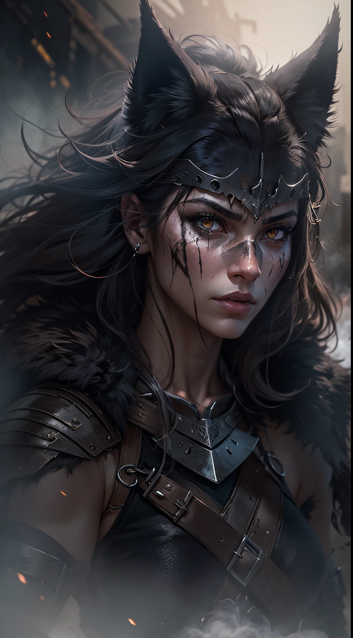 a female amazon warrior, detailed face, beautiful detailed eyes, beautiful detailed lips, extremely detailed intricate armor, bloody sword, highly detailed chainmail, intricate leather harness, heroic powerful pose, mystical magical forest background, dramatic dramatic lighting, dramatic cinematic camera angle, muted earthy color palette, (best quality,8k,highres,masterpiece:1.2),ultra-detailed,(realistic,photorealistic,photo-realistic:1.37),concept art