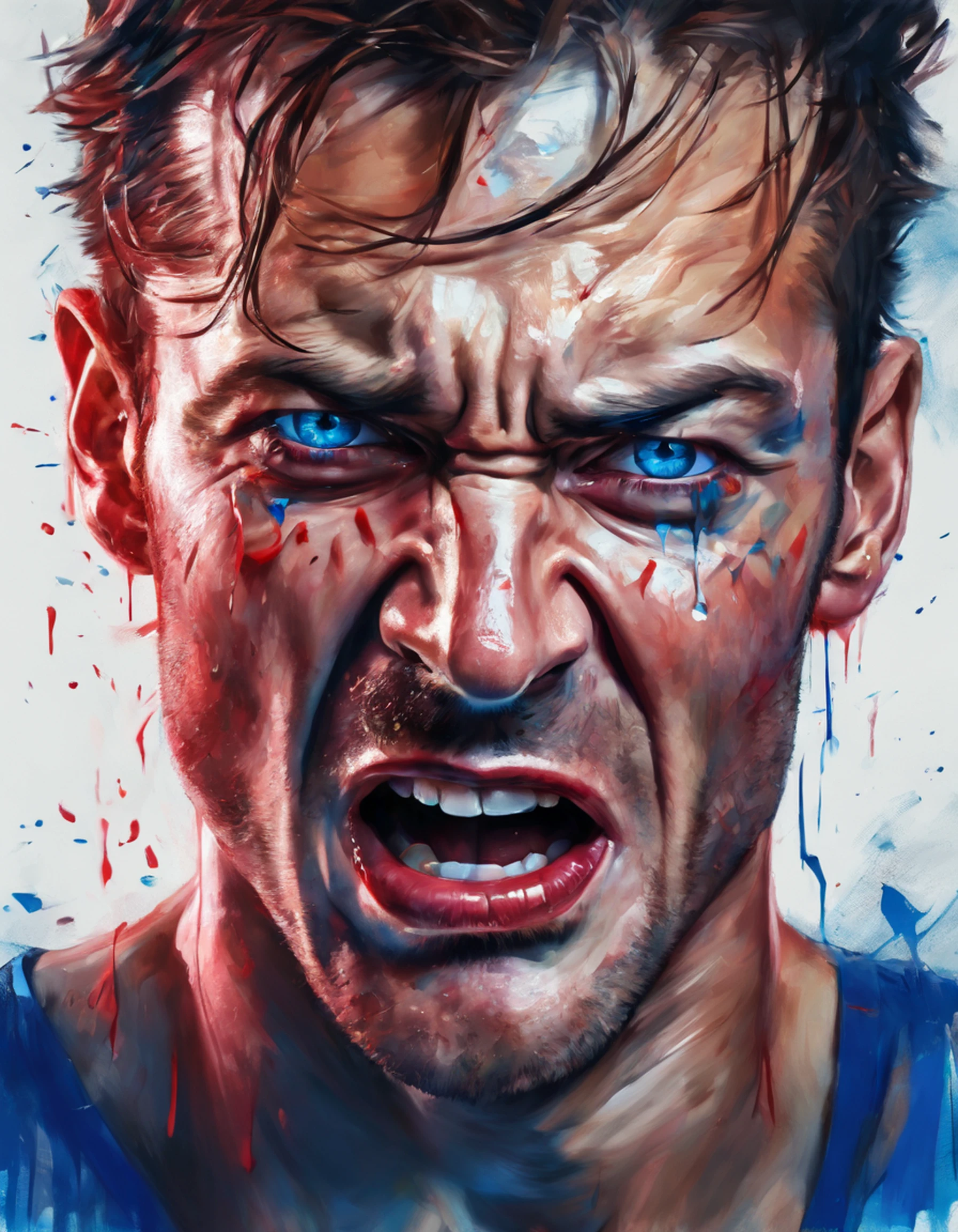 best quality,realistic portrait,red-skinned man with blue teary eyes,open mouth screaming,sharp focus,intense emotions,detailed facial features,long lashes,tears streaming down face,unusual skin tone,vivid colors,emotional expression,wet eyes,expression of pain and despair,dramatic lighting.