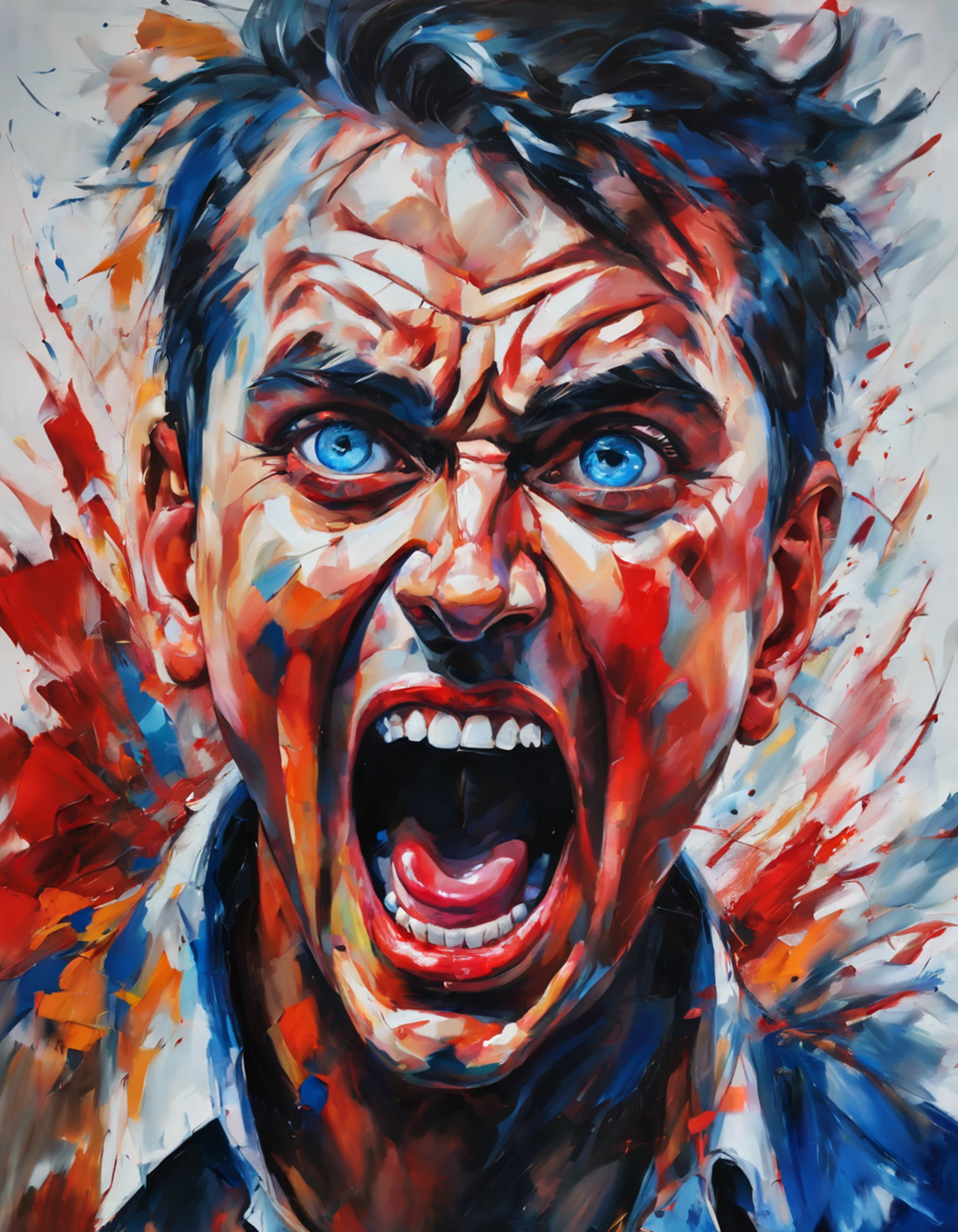 (a man with a red face and big blue eyes, open-mouthed screaming),oil painting,expressive brushstrokes,wild abstract background,furious expression,aggressive pose,high contrast lighting,vibrant colors,emotional intensity,modern art. (best quality,ultra-detailed,photorealistic),dramatic lighting,