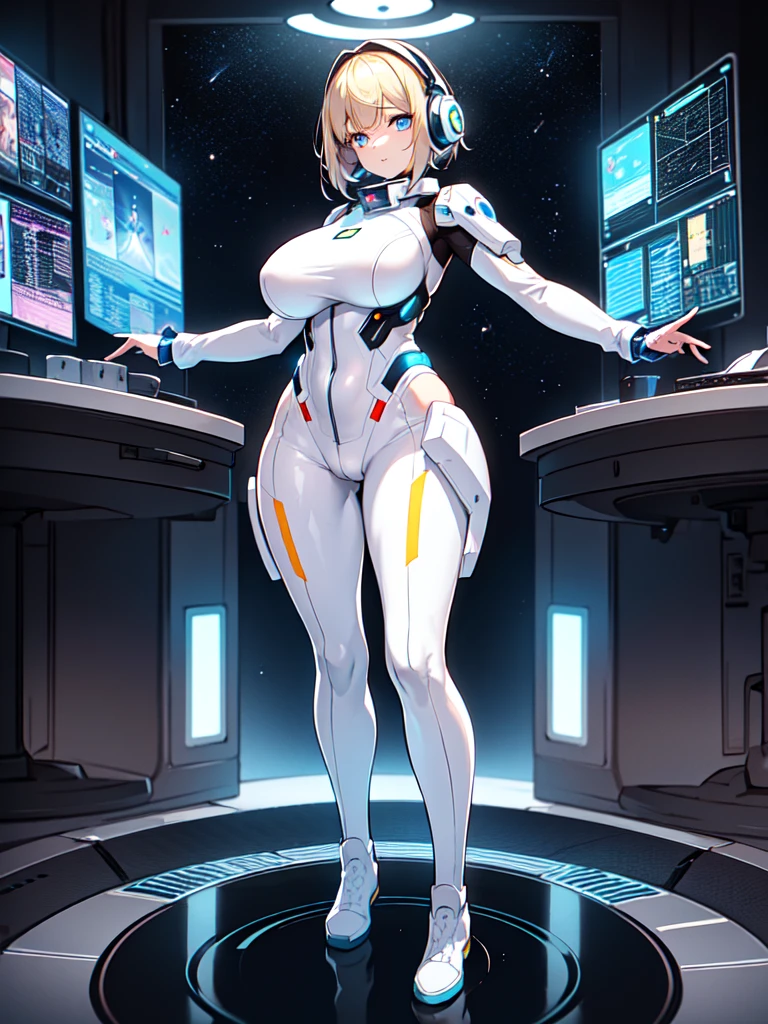 masterpiece:1.4, 1girl in ((20yr old, Wearing a futuristic white and silver costume, Tight Fit Bodysuit, long boots, Very gigantic-breasts, Multicolored blonde hair, a short bob, Perfect model body, Blue eyes:1.4, Wearing headphones, Flirting, Looking out the window of the futuristic sci-fi space station、While admiring the beautiful galaxy:1.2, SFSF control room on night background:1.1, Neon and energetic atmosphere:1.2)) ((Galaxy)) ((Solo:1.6))