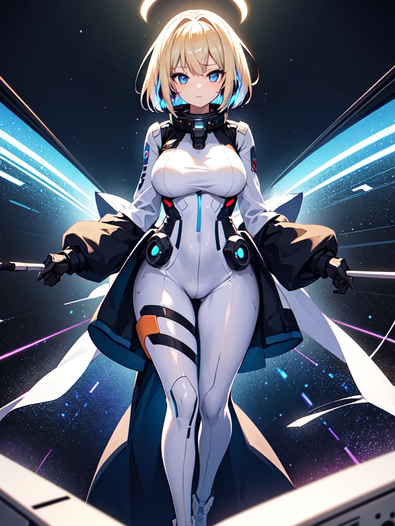 ​masterpiece:1.4, 1girl in ((20yr old, Wearing a futuristic white and silver costume, Tight Fit Bodysuit, long boots, Very gigantic-breasts, Multicolored blonde hair, a short bob, Perfect model body, Blue eyes:1.4, Wearing headphones, Flirting, Looking out the window of the futuristic sci-fi space station、While admiring the beautiful galaxy:1.2, SFSF control room on night background:1.1, Neon and energetic atmosphere:1.2)) ((Galaxy)) ((Solo:1.6))