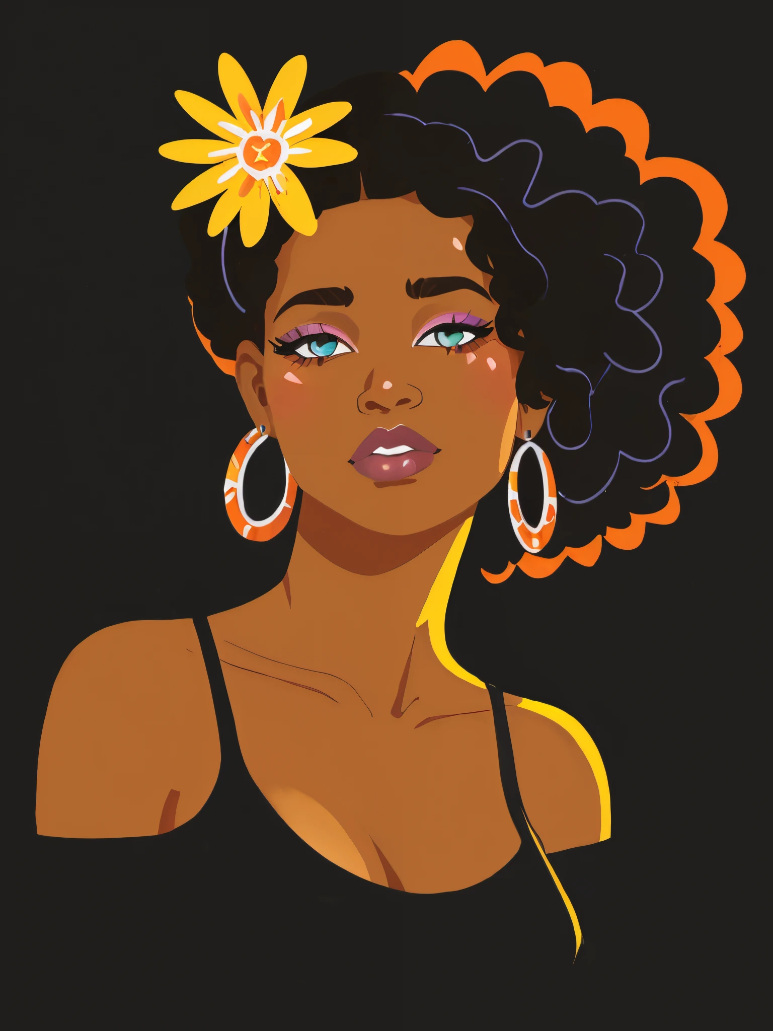 there is a woman with a flower in her hair, in illustration style digital, jovem mulher negra, mulher jovem negra, mulher negra, menina negra, Mulher jovem afro-americana, menina elegante afro-americana, mulher afro-americana, Cartoon style illustration, Menina afro-americana, Princesa negra africana, desenho de estilo vetorial, retrato estilizado, adolescente negra, retrato colorido detalhado, fundo branco