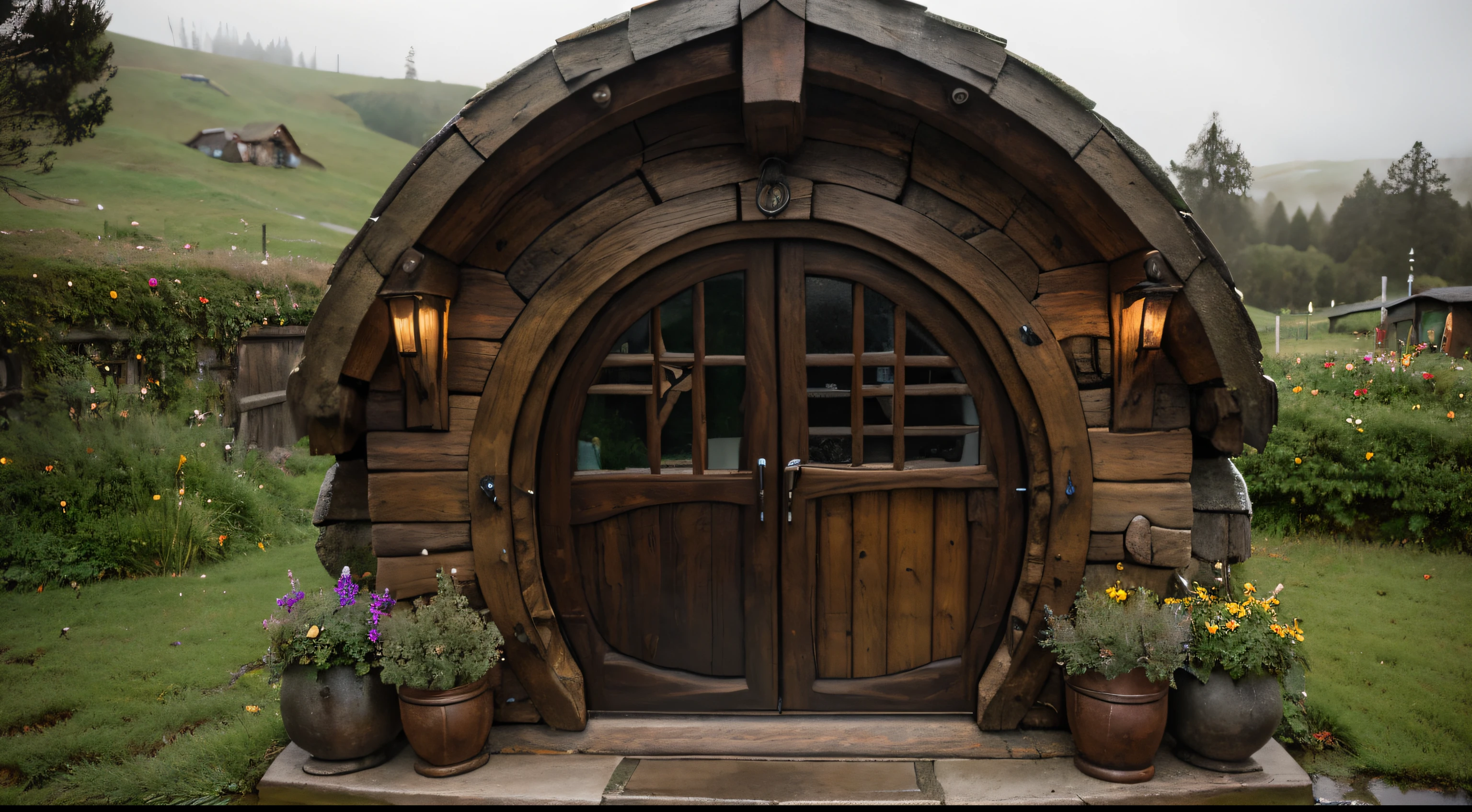 a cozy hobbit house in hobbiton opened door fireplace side in a grey cloudy rainy day