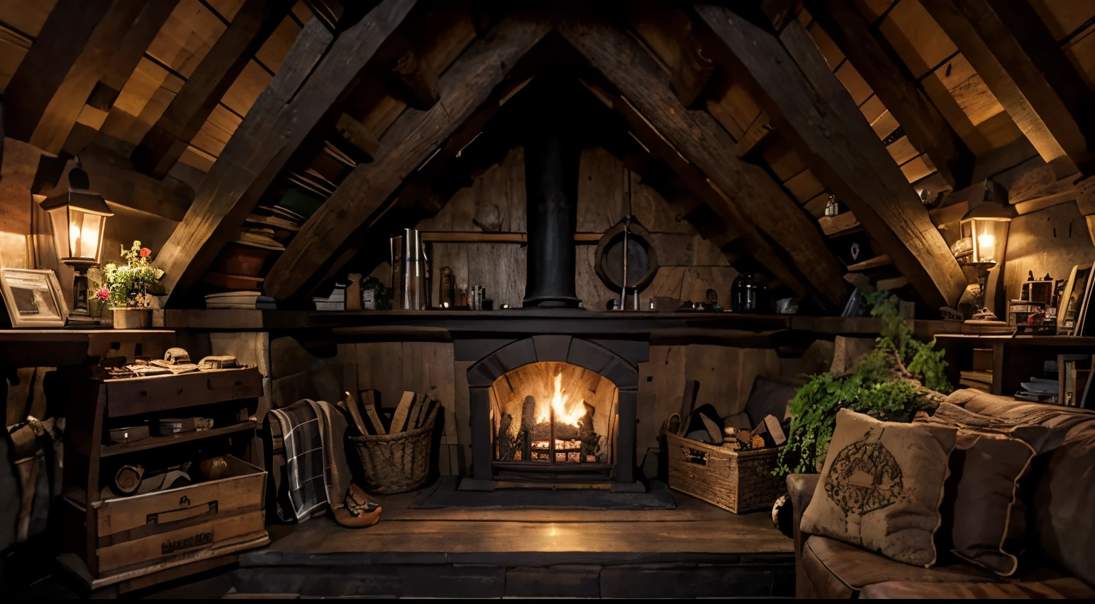 a cozy hobbit house in hobbiton opened door fireplace side in a grey cloudy rainy day