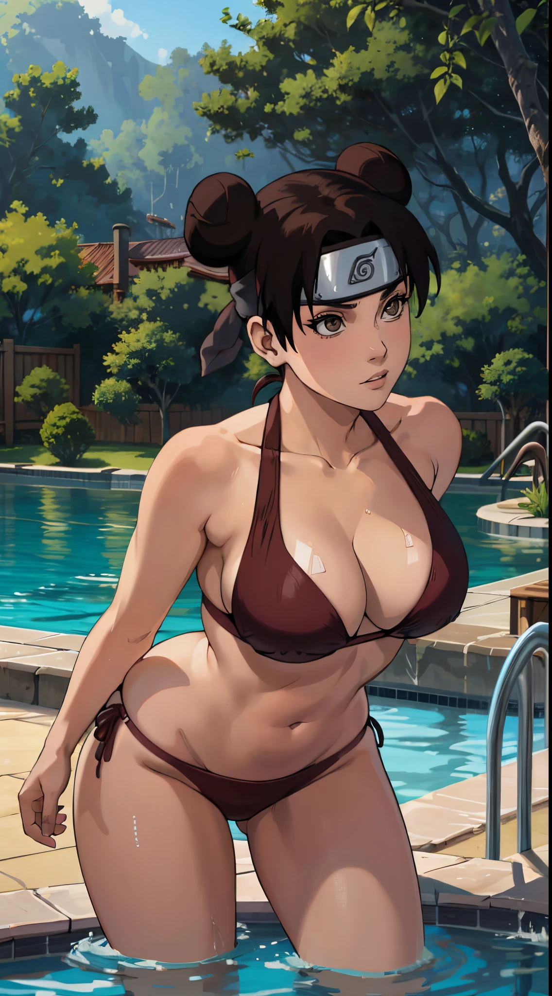 (best quality:1.3), Tenten by naruto,  busty, cleavage, seductive, sexy, curvy body, (bikini ), (( pool)), ((leaning forward))