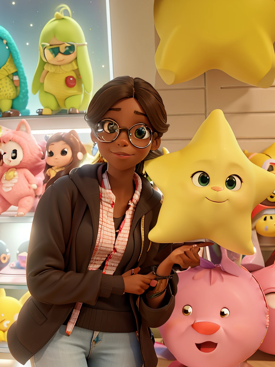 woman in sunglasses in front of a stuffed animal display, em um shopping, em um shopping, com estrelas, aparecer em um shopping center, background is celestial, foto de perfil, ☁🌪🌙👩🏾, foto de baixa qualidade, foto do snapchat, ✨🕌🌙, imagem de qualidade muito baixa, Maria Borges, Umamusume, vacation photo