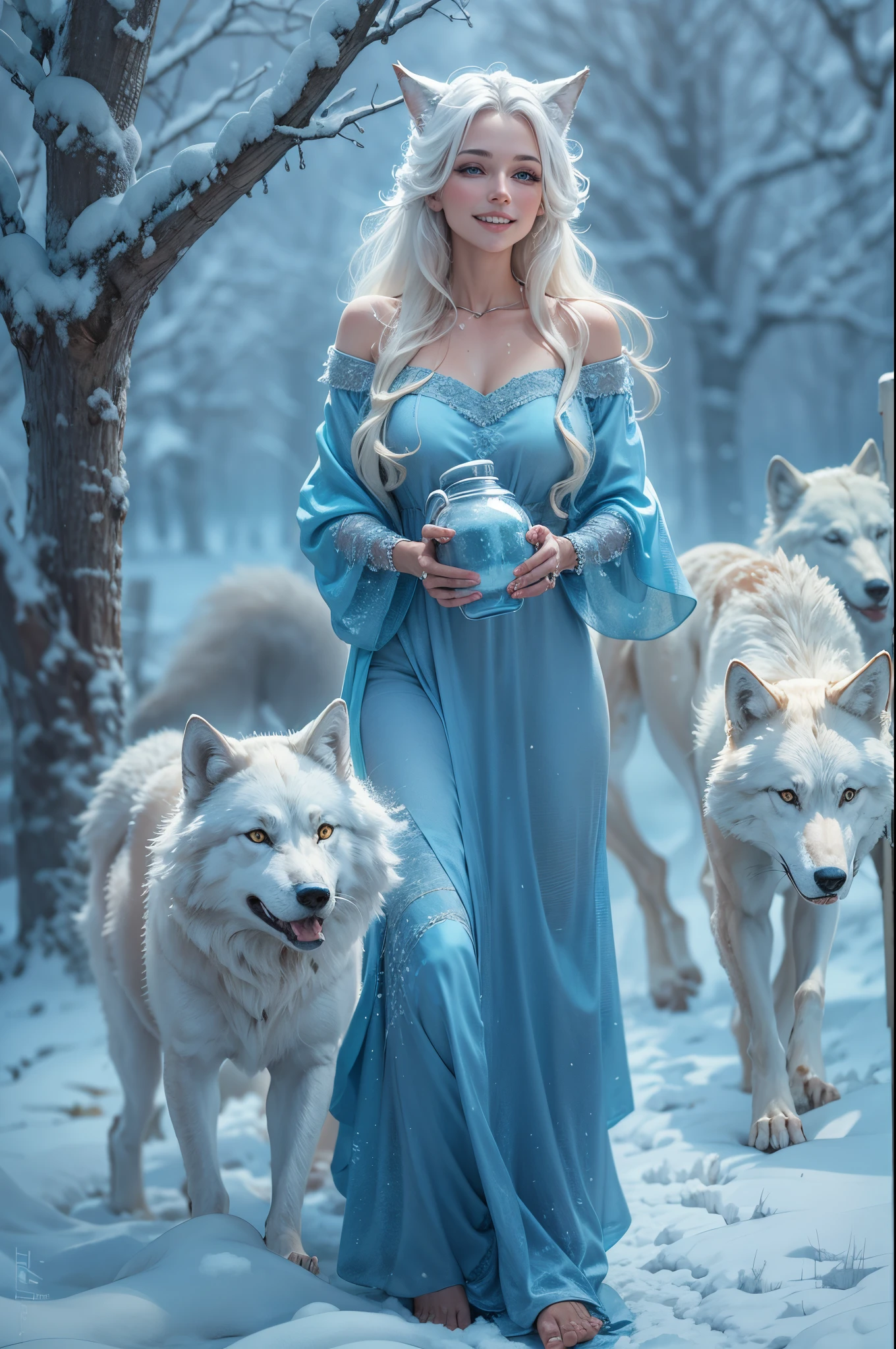 White wolf woman, in a blue silk flowing dress, carries water in a jug, barefoot in the snow in the grove, wolf ears, ruddy face, Kind smile, Masterpiece, frost, frost crystals, hyper realisitc, ultradetail
