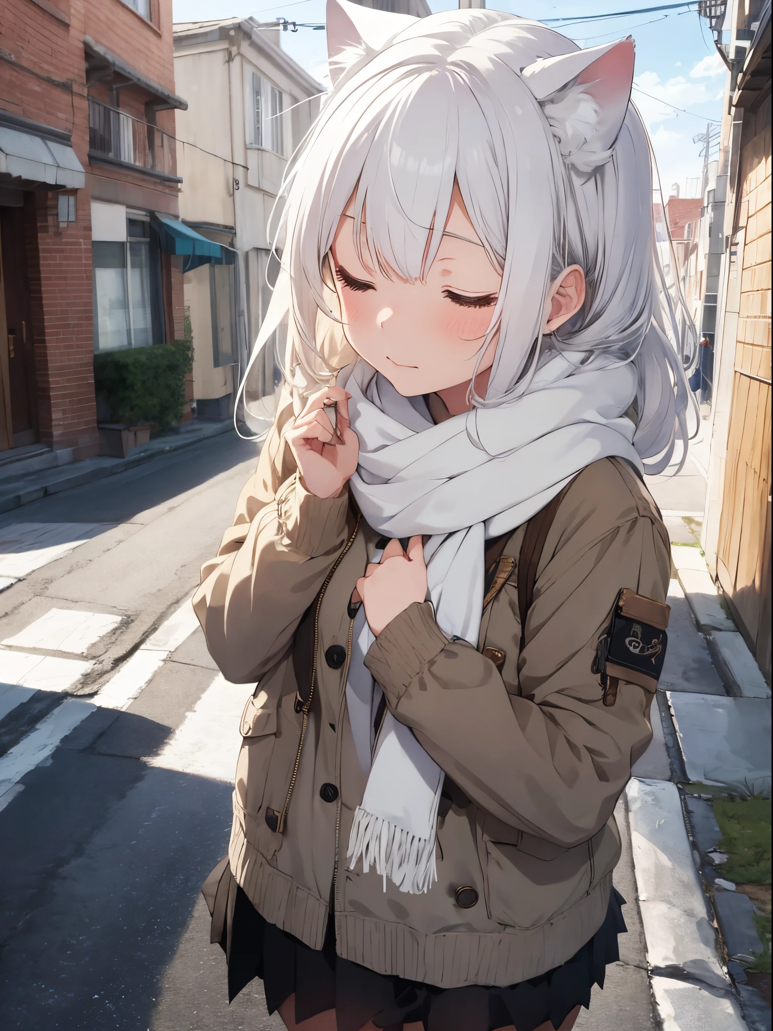masterpiece, best quality, 1girl, white hair, medium hair, cat ears, closed eyes, looking at viewer, :3, cute, scarf, jacket, outdoors, streets,