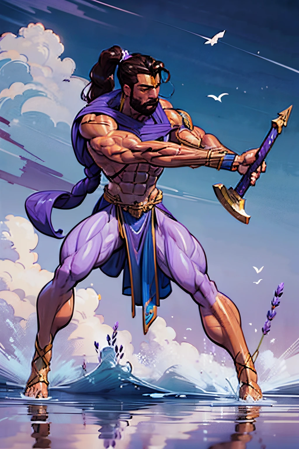 ((Action pose:1.5)), a painting of a (((muscular))) man with an axe, large body of water surrounds man, The God Poseidon, ((thick muscular thighs)), The God of the Sea, brown loincloth, golden crown, The God Hades, Poseidon, Charon, colored lavender skin, colored skin, ((lavender skin:1.4)),((lavender face)), ((lavender feet)), ((lavender arms)), The Boatman of Hades, God of the Ocean, God of the Underworld, Hades, God Shiva the Destroyer, Furious God Zeus, Like an Atlantean, veiny biceps, chiseled abs, muscular legs, rugged face, long hair in ponytail, masterpiece, 8k