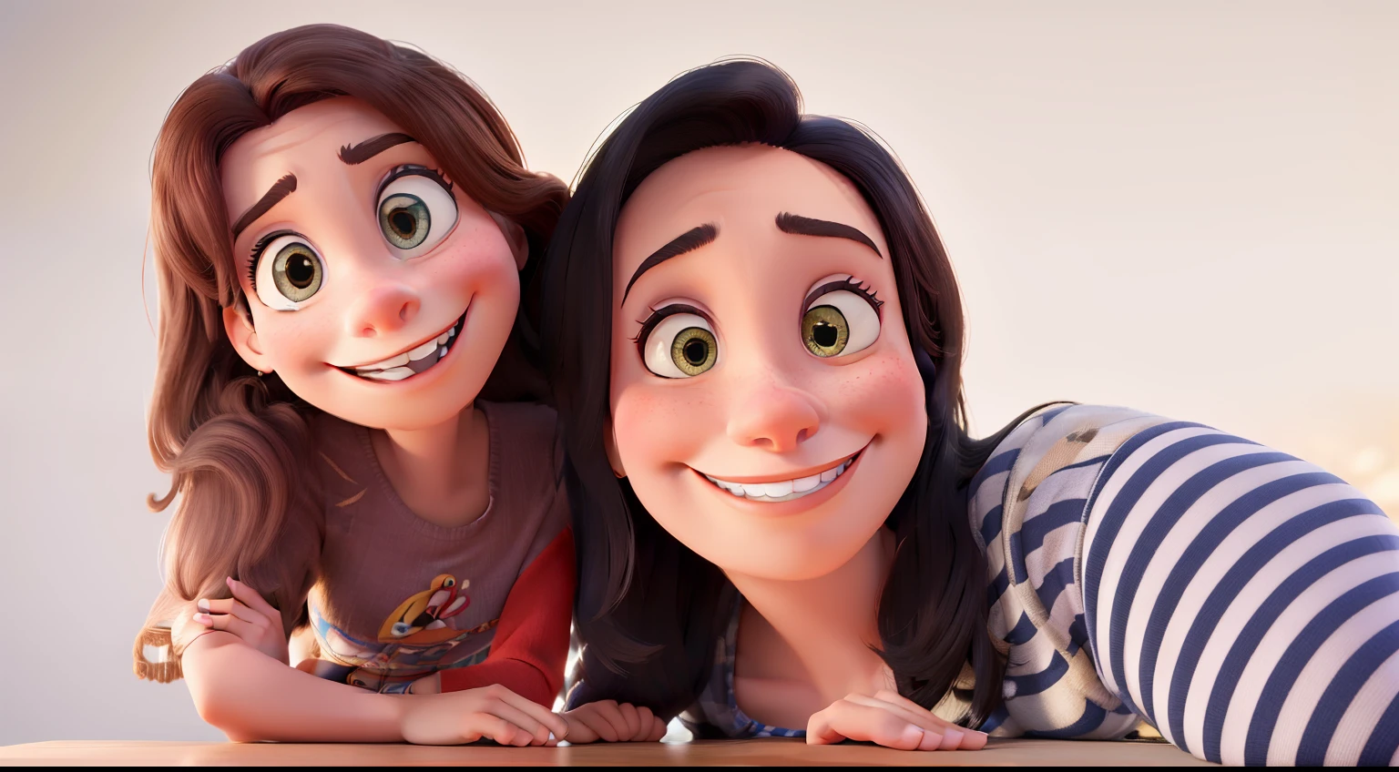 A Woman Smiling with a Serious Girl Disney Pixar Style, alta qualidade, melhor qualidade