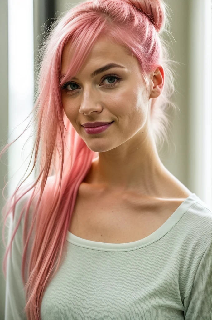 (RAW Photo) Night scene, Close-up photo of a sexy girl, Posing, Looking at viewer, smiling, Pink hair in a ponytail, Beautiful young face, 18 yo, soft key and fill lighting, (backlit: 1.3 ), (cinematic: 1.3), Intricate details, (Artstation: 1.2), detailed eyes, Micro details, Fuji XT3, photorealistic, Photorealism, a woman with pink hair is posing for a picture, a picture by Annabel Eyres, instagram, private press, pretty, beautiful, lovely