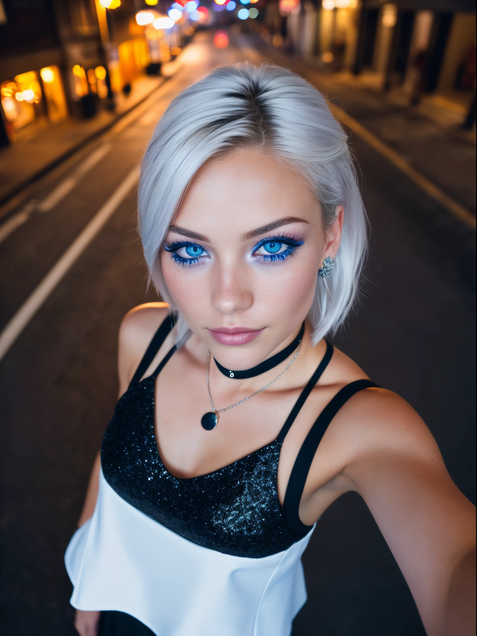 (selfie, top view: 1.4), (straight half of the body: 1.4), RAW UHD portrait photo of a 24-year-old (blue-eyed woman) walking down a dark alley, white hair, sidecut hair, medium breasts, city at night, (skirt), tight closed black tank-top, cibernetic accessories, unbuttoned cyberpunk white jacket, (neckline), details (textures! , hair! , glitter, color!! , disadvantages: 1.1), glossy eyes with high detail (looking at the camera), SLR lighting, SLR camera, ultra-quality, sharpness, depth of field, film grain (center), Fujifilm XT3, crystal clear, frame center, beautiful face, sharp focus, street lamp, neon lighting, bokeh (dimly lit), night, (night sky), detailed skin pores, oily skin, sunburn, complex eye details, full body, medium breasts