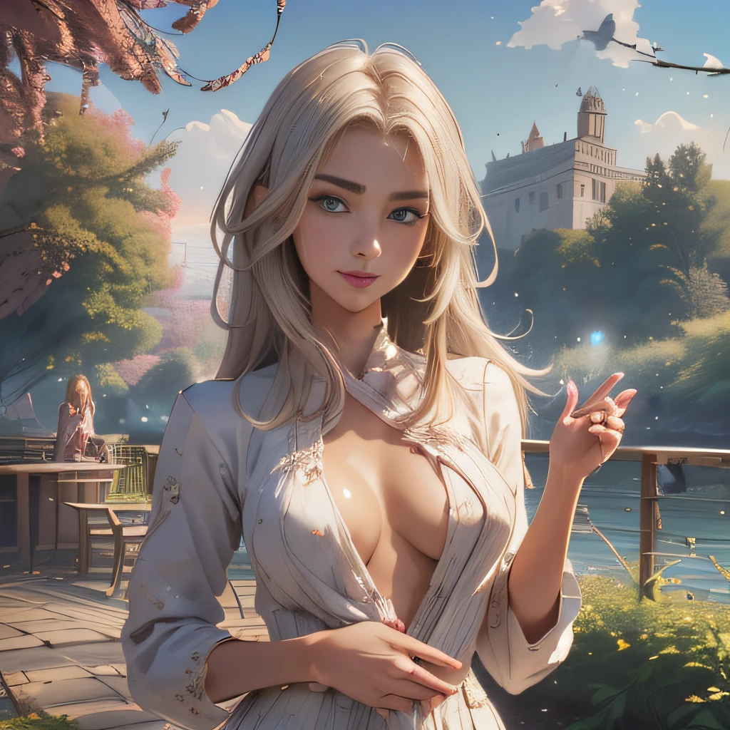 (Extremely detailed 8k wallpaper:2), (photo:2), (22 years old soigne Beautiful girl:2), (gives a lecture to friends:2), detailed (Face and eyes), (hyper realistic:1), (highly detailed:1), (epic realistic:1), rim light, (maximum details:1), cozy, (fullbody:1.3), (looking at viewer:2.0), (Woman's Attractive Qualities:2), (Attractive Woman:2), (Attractive:2), Smile, Intelligence, Empathy, Gracefulness, Sense of Style, Fitness, Grooming, Optimism, (Sensitivity:2), Sincerity, Romantic Gestures, Playfulness, Fashion Sense, (Sensuality:2), Charm, Modesty, Thoughtfulness, (Femininity:1), Flirtatiousness, Warmth, (Physical attractiveness:2), A beautiful smile, A love of life, strength and power, vulnerability, curiosity, wonder, love, (nature background:2), kawaii, waifu, Beautiful breasts, (attractive body:2), (Beautiful body:2), Beautiful pose, attractive pose, (Beautiful legs:1.0), (Beautiful clothes:1), (classic clothes:2), (elegant clothes:2), (European clothes:2), detailed clothes, (skirt:1), (blouse:1), (provocative pose)