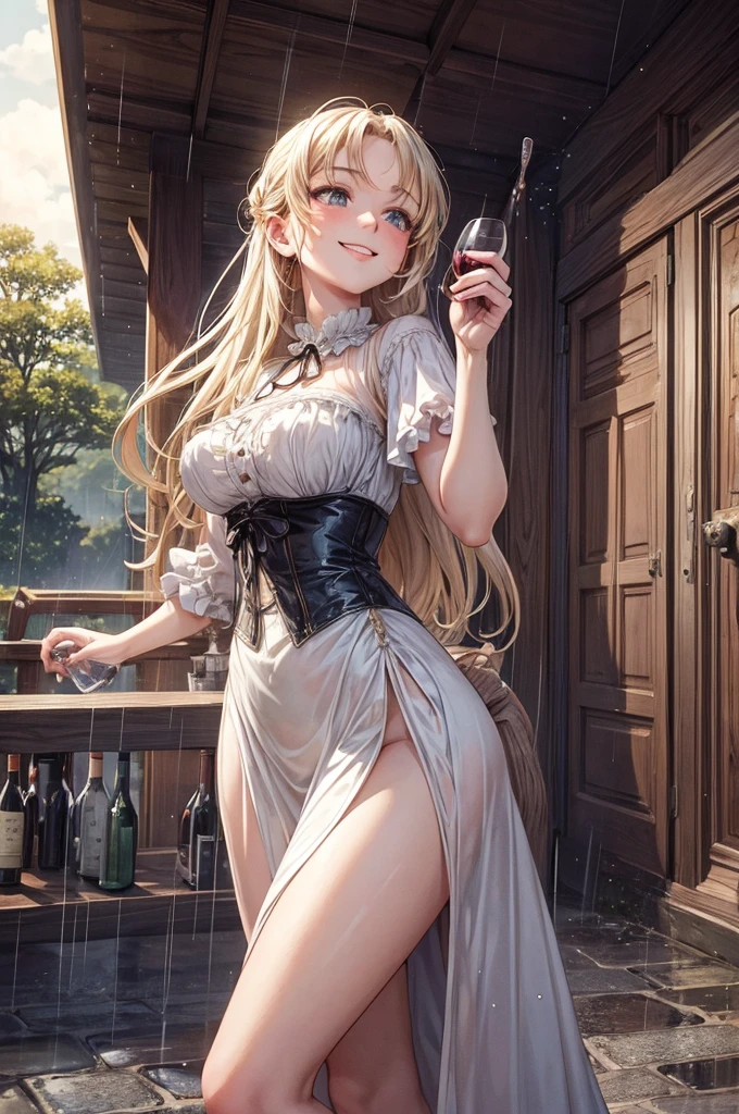 1girl, smiling Nude victorian woman, 22 years old stands looking up to the sky dancing in the rain, with her bottle of wine.