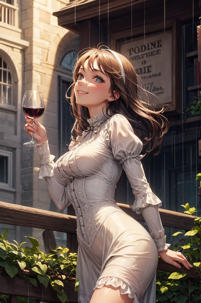 1girl, smiling Nude victorian woman, 22 years old stands looking up to the sky dancing in the rain, with her bottle of wine.