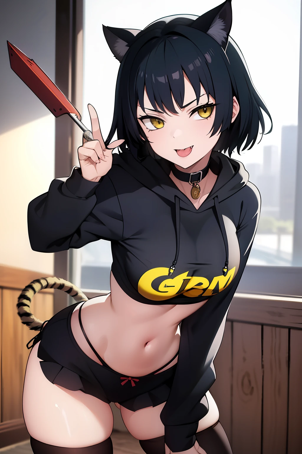 Cute girl, dark green hair, yellow eyes, short hair, cat ears, cat tail, cat collar, sexy ,beautiful eyes,Combat stance,cat,meow, full body,Draw hands better, Green hoodie, dark green hair, beautiful smile, Green hair, draw the hand well, Lifting her ass, Tongue outside the mouth, million, banana,, cat, bad girl,, tiger, Want someone to ride she,going to school, iron chain, Fire sword