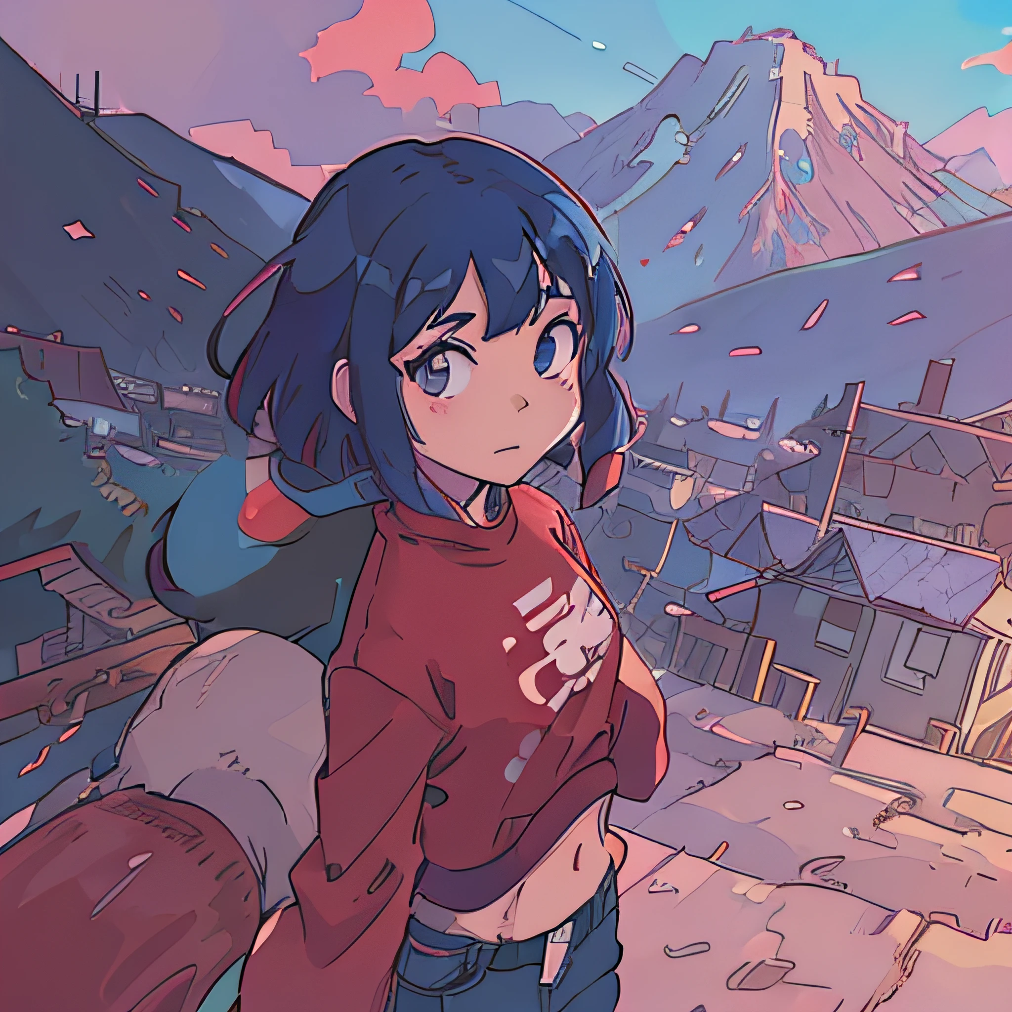 anime girl standing in front of mountains with a red sweater and blue jeans, inspired by Liam Wong, anime style 4 k, anime style illustration, official artwork, 2 d anime style, official artwork hdr, flat anime style, anime style. 8k, anime styled digital art, anime style mixed with fujifilm, anime artstyle, anime style artwork, anime landscape, official art