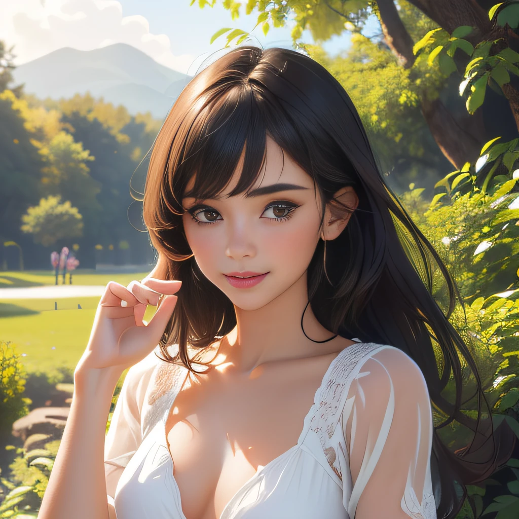 (Extremely detailed 8k wallpaper:2), (photo:2), (22 years old soigne Beautiful girl:2), (gives a lecture to friends:2), detailed (Face and eyes), (hyper realistic:1), (highly detailed:1), (epic realistic:1), rim light, (maximum details:1), cozy, (fullbody:1.3), (looking at viewer:2.0), (Woman's Attractive Qualities:2), (Attractive Woman:2), (Attractive:2), Smile, Intelligence, Empathy, Gracefulness, Sense of Style, Fitness, Grooming, Optimism, (Sensitivity:2), Sincerity, Romantic Gestures, Playfulness, Fashion Sense, (Sensuality:2), Charm, Modesty, Thoughtfulness, (Femininity:1), Flirtatiousness, Warmth, (Physical attractiveness:2), A beautiful smile, A love of life, strength and power, vulnerability, curiosity, wonder, love, (nature background:2), kawaii, waifu, Beautiful breasts, (attractive body:2), (Beautiful body:2), Beautiful pose, attractive pose, (Beautiful legs:1.0), (Beautiful clothes:1), (classic clothes:2), (elegant clothes:2), (European clothes:2), detailed clothes, (skirt:1), (blouse:1), (provocative pose)