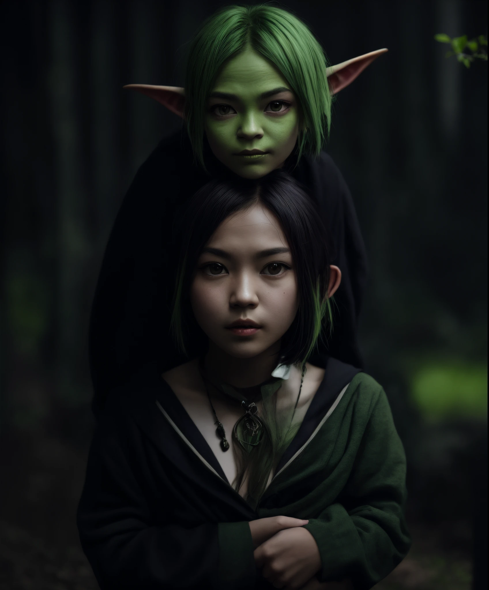 White-hair green-skin short-hair female young goblin