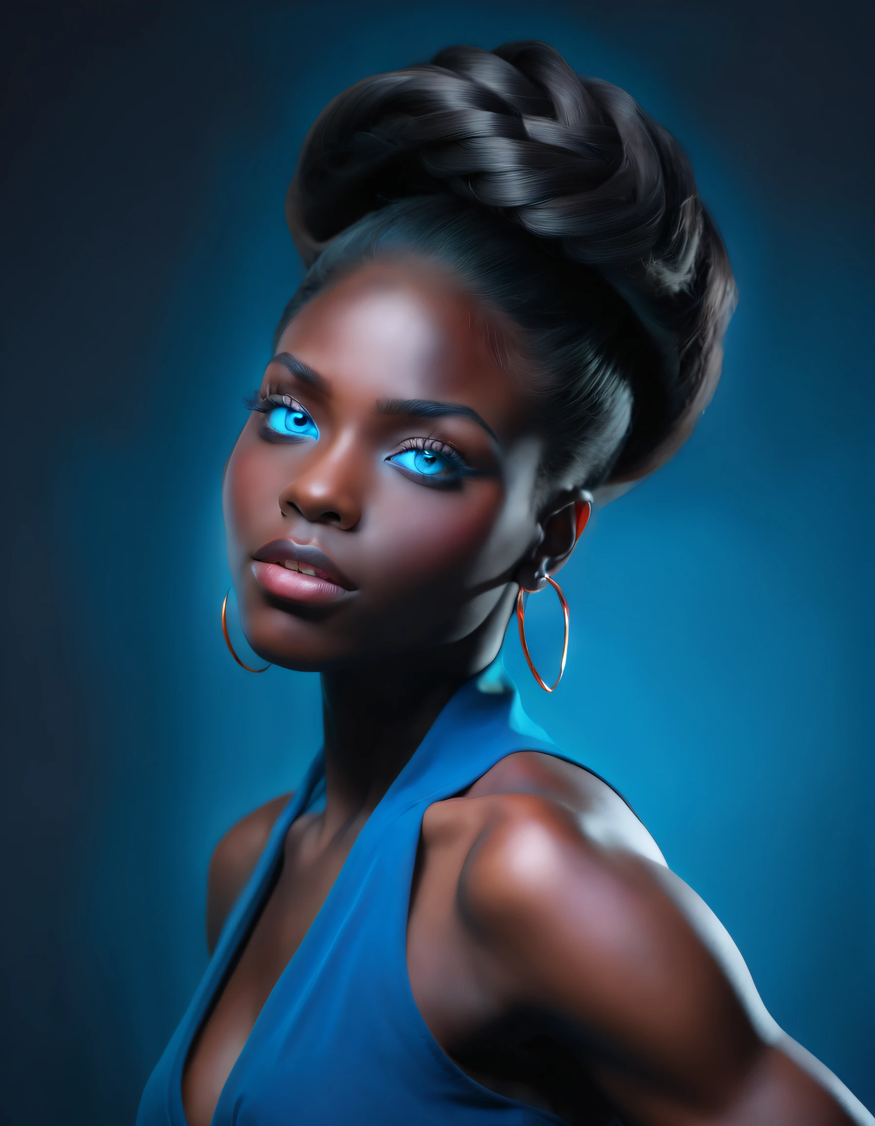 (black skin, strong and muscular build, athletic body:1.1), (intense and captivating, stunning, blue eyes), (confident and powerful pose), (striking beauty), (vivid and vibrant colors), (realistic rendering), (studio lighting), (high resolution, 4k, best quality), (bold and fearless), (elegant and classy), (stylish fashion), (black female model), (exquisite attention to detail), (sharp focus), (professional photography), (bold and captivating), (positive and empowering representation), (modern and contemporary art style), (bold and confident), (determined expression), (fierce and independent), (radiant personality), (captivating presence), (effortless grace), (high contrast), (dynamic composition), (strong and feminine), (sleek and stylish hairstyle), (impeccable makeup), (beautifully sculpted face), (impressive physique), (bold and vibrant background), (confident and empowering), (striking and powerful), (classic and timeless beauty), (unapologetically black and proud), (unique and magnetic), (mesmerizing and captivating), (inspiring and uplifting), (impressive athleticism), (authentic representation), (celebrating diversity), (powerful figure), (modern muse), (resilient spirit)