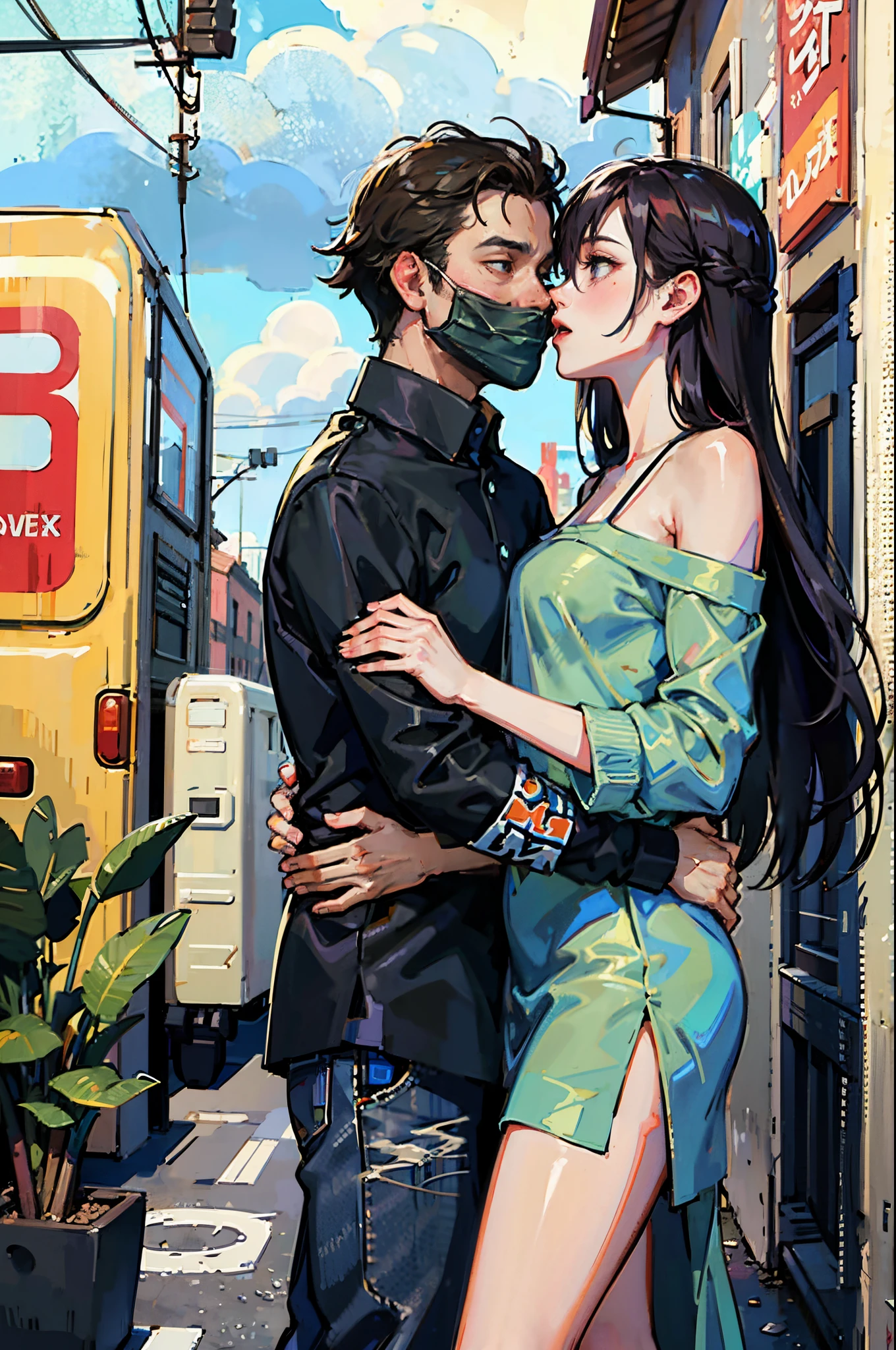 In this image, we see a man and woman standing outside against a grey wall. The dominant colors in the image are shades of grey, with an accent color of 264E60. The couple is engaged in a passionate kiss, with the man's arms wrapped around the woman's waist. Both individuals appear to be in their thirties and are dressed casually in clothing that suggests they may be outdoors for a casual outing. they are disney pixar animated characters