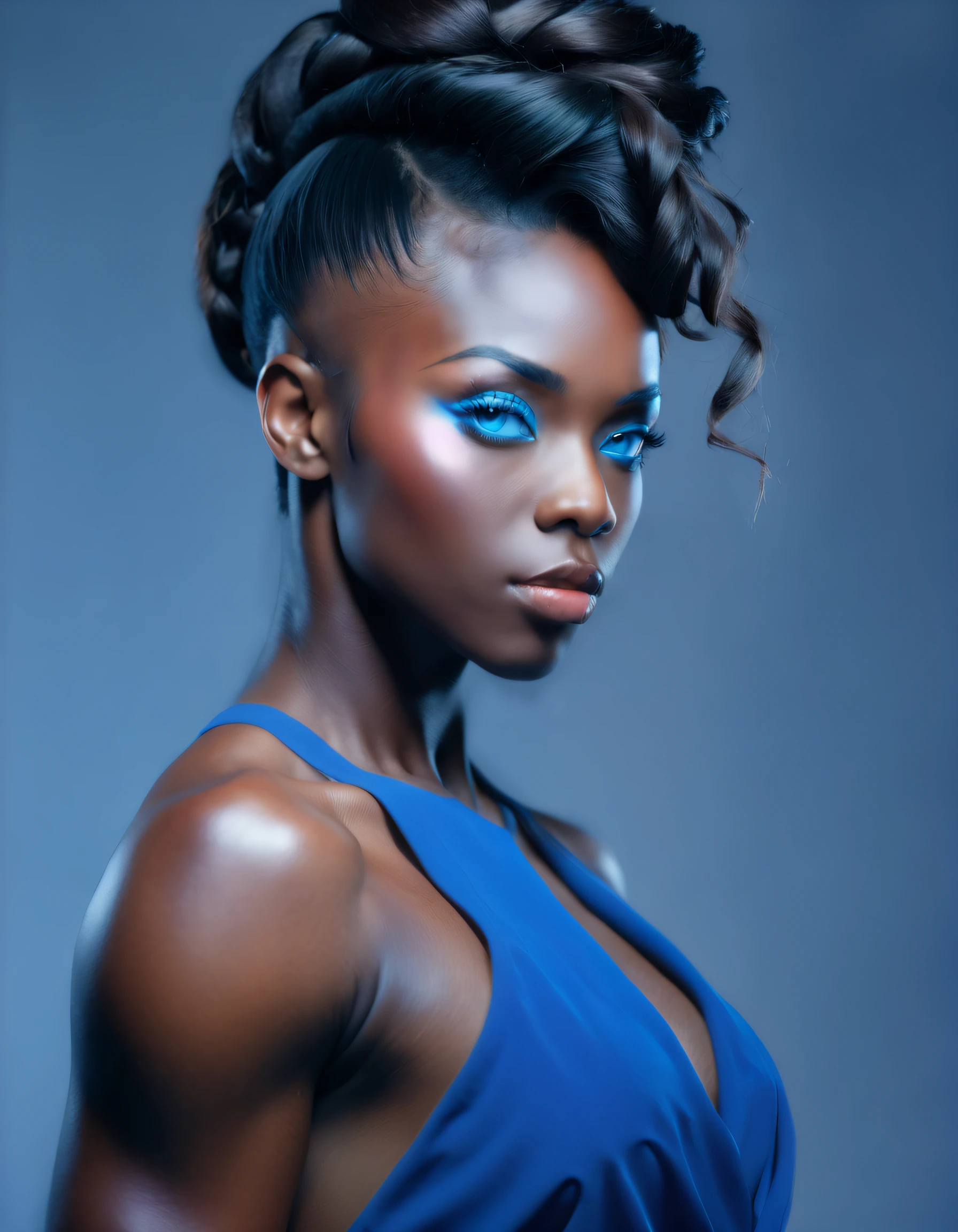 (black skin, strong and muscular build, athletic body:1.1), (intense and captivating, stunning, blue eyes), (confident and powerful pose), (striking beauty), (vivid and vibrant colors), (realistic rendering), (studio lighting), (high resolution, 4k, best quality), (bold and fearless), (elegant and classy), (stylish fashion), (black female model), (exquisite attention to detail), (sharp focus), (professional photography), (bold and captivating), (positive and empowering representation), (modern and contemporary art style), (bold and confident), (determined expression), (fierce and independent), (radiant personality), (captivating presence), (effortless grace), (high contrast), (dynamic composition), (strong and feminine), (sleek and stylish hairstyle), (impeccable makeup), (beautifully sculpted face), (impressive physique), (bold and vibrant background), (confident and empowering), (striking and powerful), (classic and timeless beauty), (unapologetically black and proud), (unique and magnetic), (mesmerizing and captivating), (inspiring and uplifting), (impressive athleticism), (authentic representation), (celebrating diversity), (powerful figure), (modern muse), (resilient spirit)