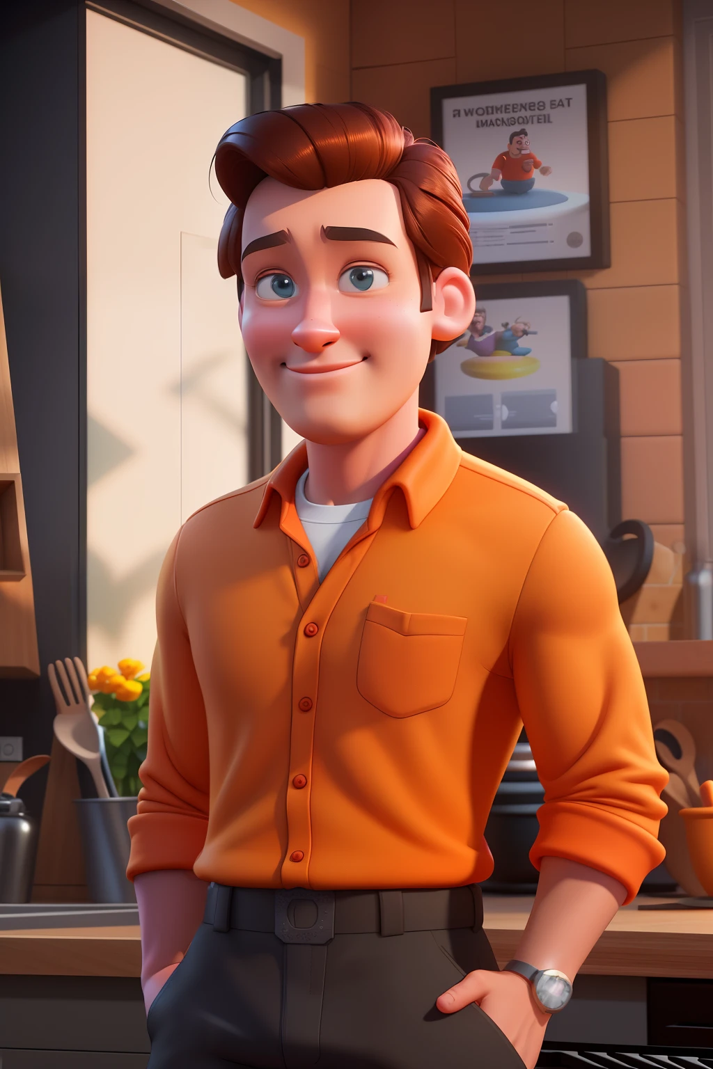 Man in orange shirt and black pants standing in a kitchen, Como um personagem da Pixar, pixarman rendering rendering, renderizar na pixar, pixar 3 d animation style, pixar retrato 8 k foto, animation character, Arnold Maya render, Representado como um personagem da Pixar, pixar octane render, personagem pixar, Estilo dos desenhos animados da Pixar, Personagem ideal da Pixar, renderizado em Arnold, pixar rendering