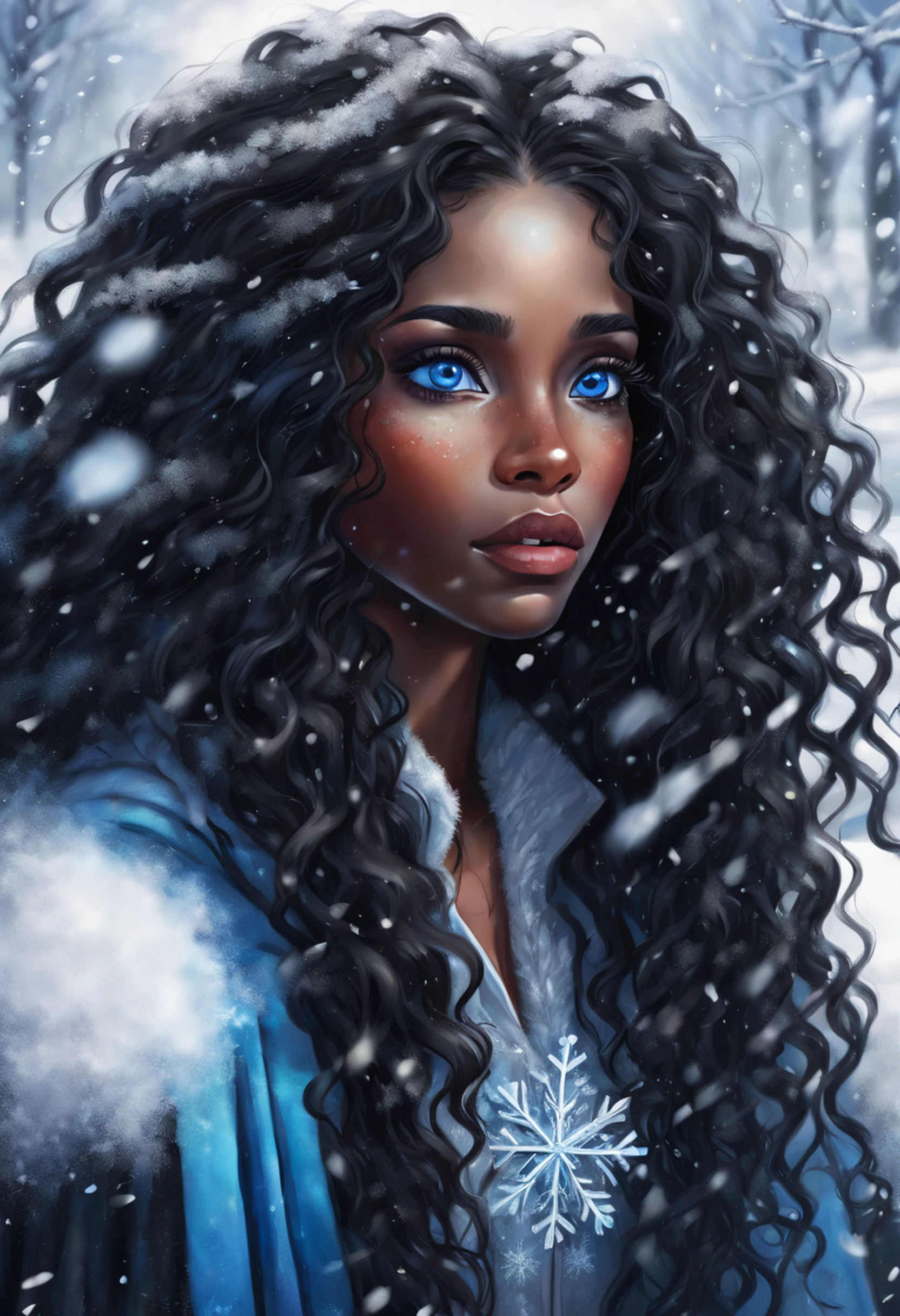 (best quality,realistic:1.2),black beautiful woman,long curly hair,blue eyes with tears,na nevasca,illustration,detailed snowflakes,vivid colors,frozen landscape,emotional portrait,dramatic lighting