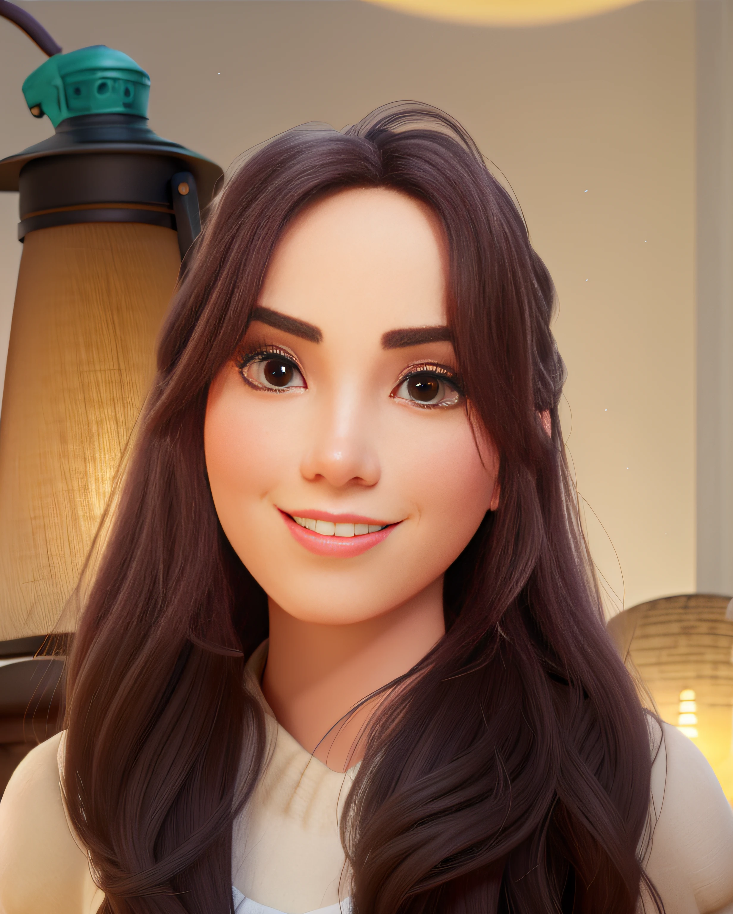 Um mulher branca parado na frente, illuminated by the light of a lamp, contra o pano de fundo  estilo disney pixar, alta qualidade
