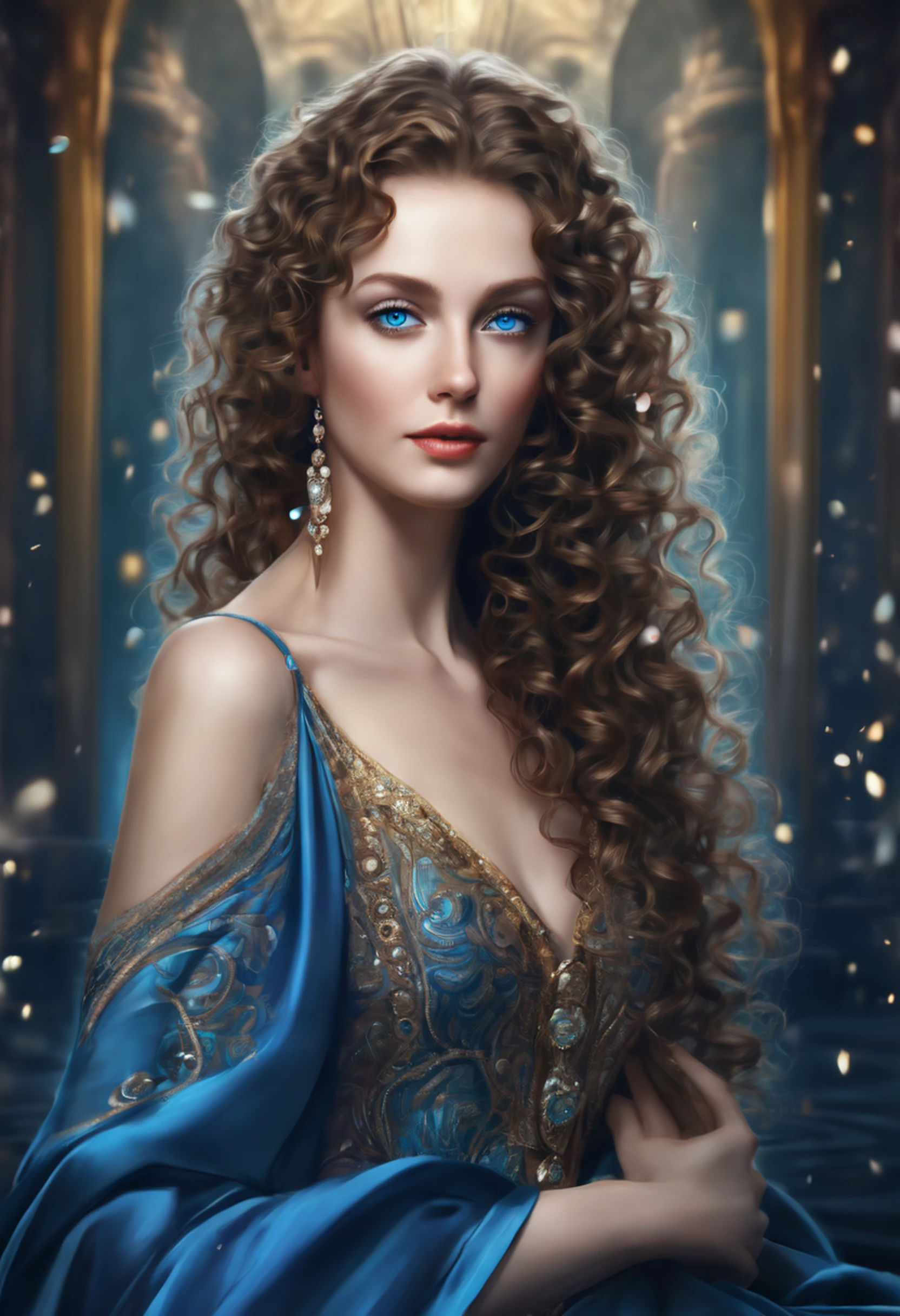 An elegant lady with beautiful long curly hair, captivating blue eyes filled with teardrops