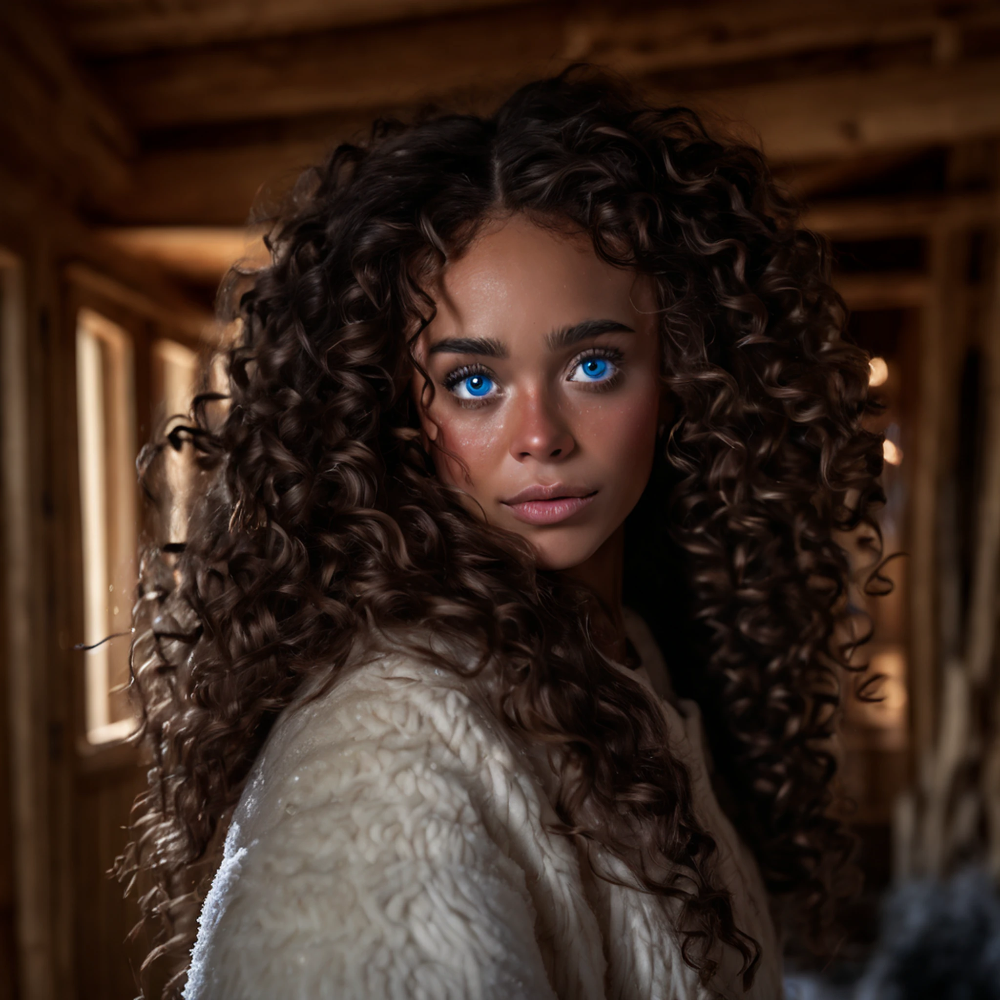 black beautiful woman, long curly hair, blue eyes with tears, in a snow-covered chalet, (best quality, 4k resolution, highres, realistic), ultra-detailed, emotionally charged, cozy atmosphere, soft natural lighting, (portrait, winter scenery), vibrant colors, contrasting shadows