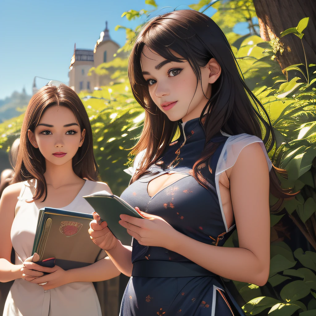(Extremely detailed 8k wallpaper:2), (photo:2), (22 years old soigne Beautiful girl:2), (gives a lecture to friends:2), detailed (Face and eyes), (hyper realistic:1), (highly detailed:1), (epic realistic:1), rim light, (maximum details:1), cozy, (fullbody:1.3), (looking at viewer:2.0), (Woman's Attractive Qualities:2), (Attractive Woman:2), (Attractive:2), Smile, Intelligence, Empathy, Gracefulness, Sense of Style, Fitness, Grooming, Optimism, (Sensitivity:2), Sincerity, Romantic Gestures, Playfulness, Fashion Sense, (Sensuality:2), Charm, Modesty, Thoughtfulness, (Femininity:1), Flirtatiousness, Warmth, (Physical attractiveness:2), A beautiful smile, A love of life, strength and power, vulnerability, curiosity, wonder, love, (nature background:2), kawaii, waifu, Beautiful breasts, (attractive body:2), (Beautiful body:2), Beautiful pose, attractive pose, (Beautiful legs:1.0), (Beautiful clothes:1), (classic clothes:2), (elegant clothes:2), (European clothes:2), detailed clothes, (skirt:1), (blouse:1), (provocative pose)