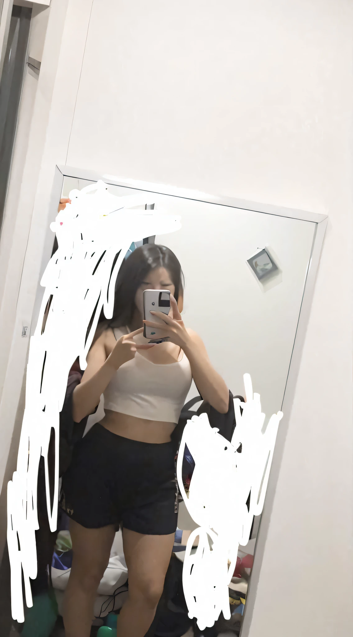 there is a woman taking a picture of herself in a mirror, fit pic, low quality photograph, low quality photo, frontal picture, croptop, half body cropping, 18 years old, very very low quality picture, 2 2 years old, half body photo, 21 years old, mirror selfie, 2 3 years old, 1 6 years old