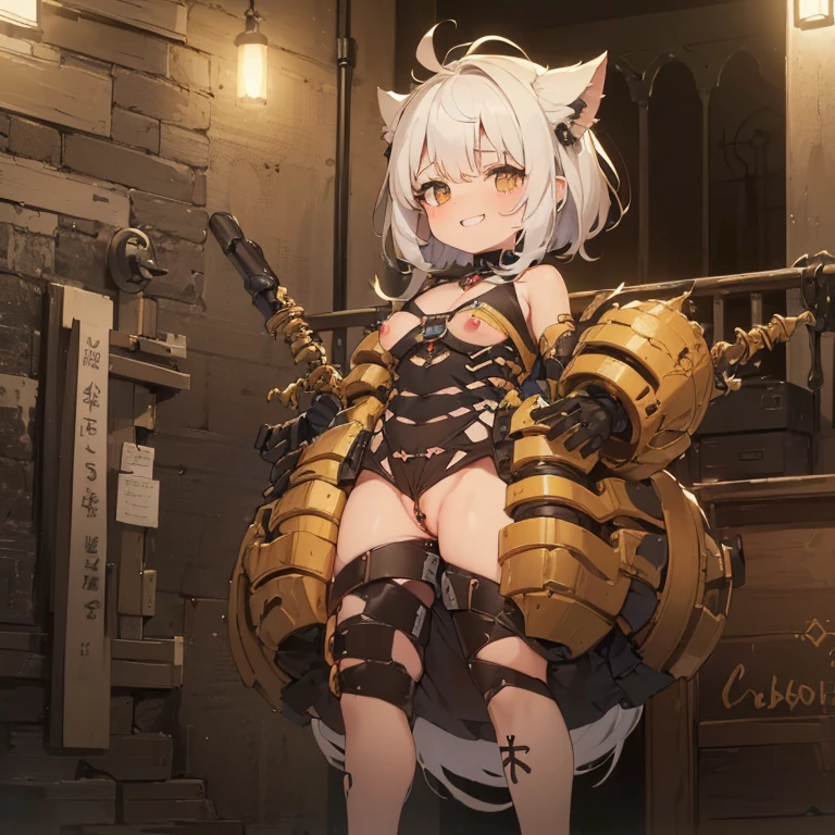 ((1 ciborgue)),((Seios enormes,biomechanical breasts,very large ,erigir )),pussy liquid,((Dope )),((Urethral insertion)),standing with tall raised ,((cabelos brancos curtos, Olhos vermelhos, sorriso maligno)), a factory, at night,