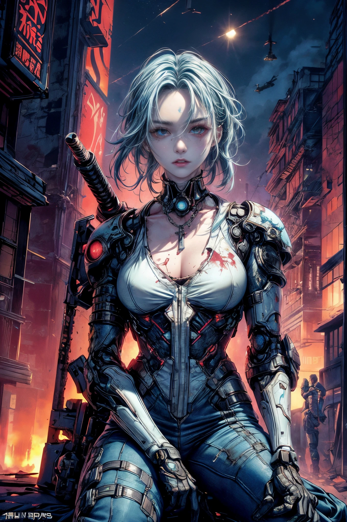 Cinematic lighting,super detailed skin、Beautiful detailed eyes、Best Quality,cyberpunked,(Alternative、dim colors, Soothing tones:1.3),NSFW(1beautiful woman、sixteen years old、Detailed beautiful facial features:1.3)（clear blue medium hair:1.2）、Scars on the face、(well-shaped breasts、Blood stains around the mouth and forehead、Destroyed、rosary choker、Damaged clothing:1.2)cyberpunk soldier、Mission completed（Arm is mechanical:1.5）（Large Weapon:1.2）、（crouching down、）（look up sky:1.4）Destroyed buildings、A fire broke out in the building.、On the roof of a building、Dawn sky、Sunlight shines in、thin moon（helicopter flight:1.4）