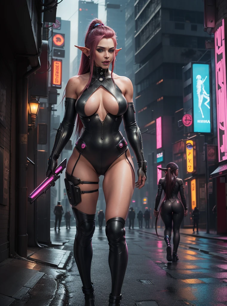 high quality fingers, normal hands, detailed fingers,masterpiece, (realistic, photo-realistic:1.37), (22 years old lucy \(cyberpunk\) as an elf girl), pink skin, dark hair, cyberpunk, ((tusks:1.35)), medium breast, small waist, hair glamour, blue eyes, beautiful face, perfect illumination,(robot joints:0.5), mechanical parts beautiful detailed eyes,looking at viewer, stunningly beautiful woman, prosthetic arm, detailed hairstyle, detailed background, cyberpunk city street, sexy cyberpunk clothing, holding cyberpunk weapons, wet skin, pouring rain