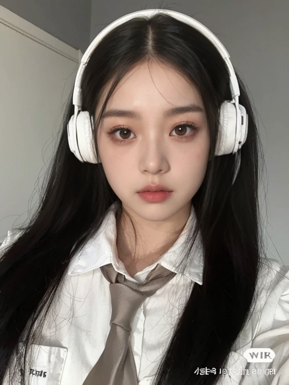 there is a woman wearing headphones and a tie with her eyes closed, com fones de ouvido, com fones de ouvido, Usando fones de ouvido, coreana, Ulzzang, headphones on head, meninao fones de ouvido, Fones de ouvido ligados, Jisoo do Blackpink, jisoo do blackpink, usando fones de ouvido pretos, cruel korean goth girl, jossi do blackpink, Retrato de Jossi de Blackpink, korean symmetrical face